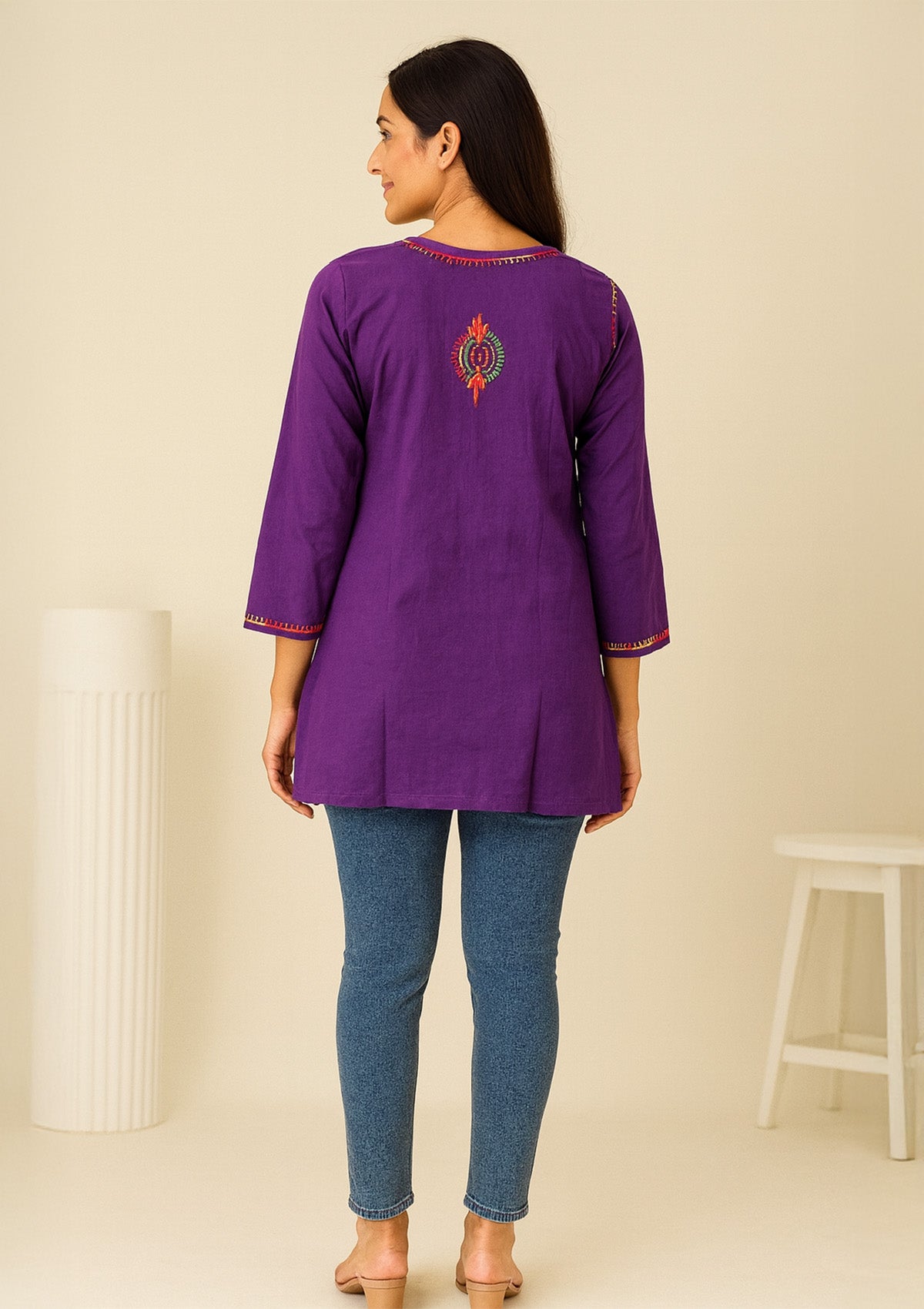 ClothingSutra Elegant Purple Embroidered Cotton Kurti – Short Length