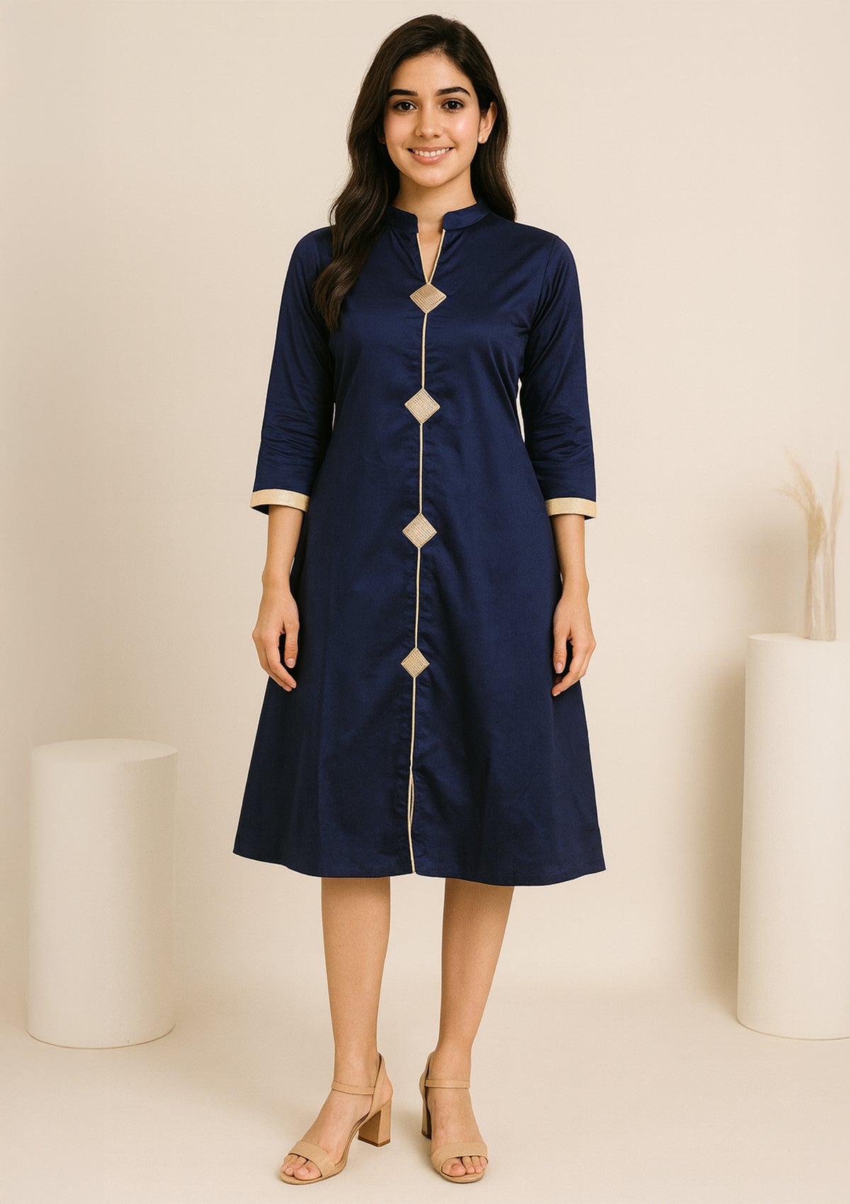 Navy Blue Tafta Silk One Piece Gown – Elegant Mandarins Collar