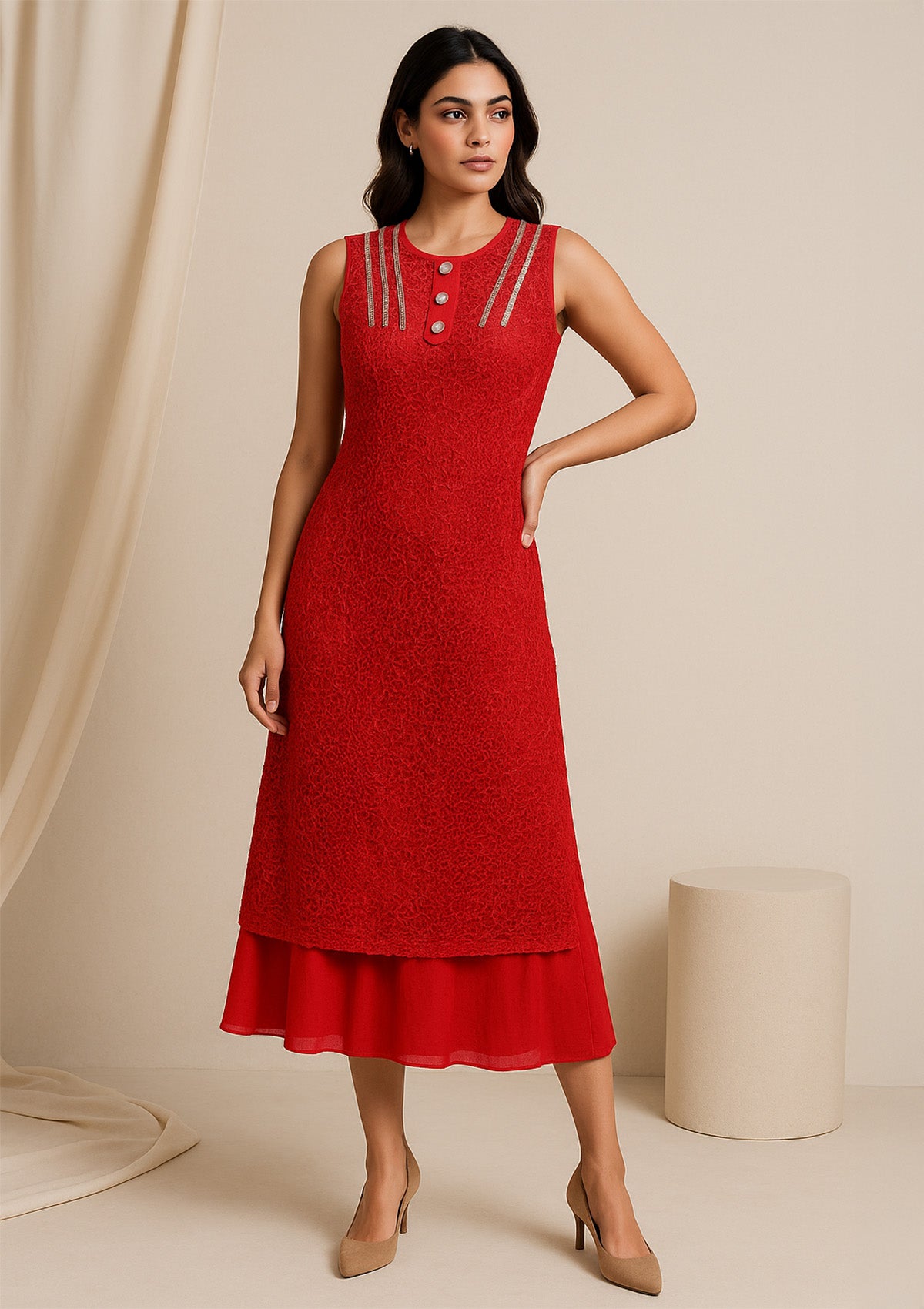 Women’s Red Net Midi Dress – Sleeveless Designer Party Gown