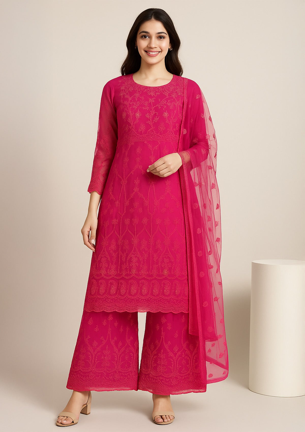 Pink Net Semi Stitched Embroidered Suit with Dupatta