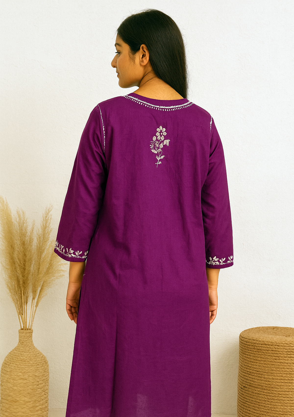 Chikankari Embroidered Women’s Long Kurta – Purple