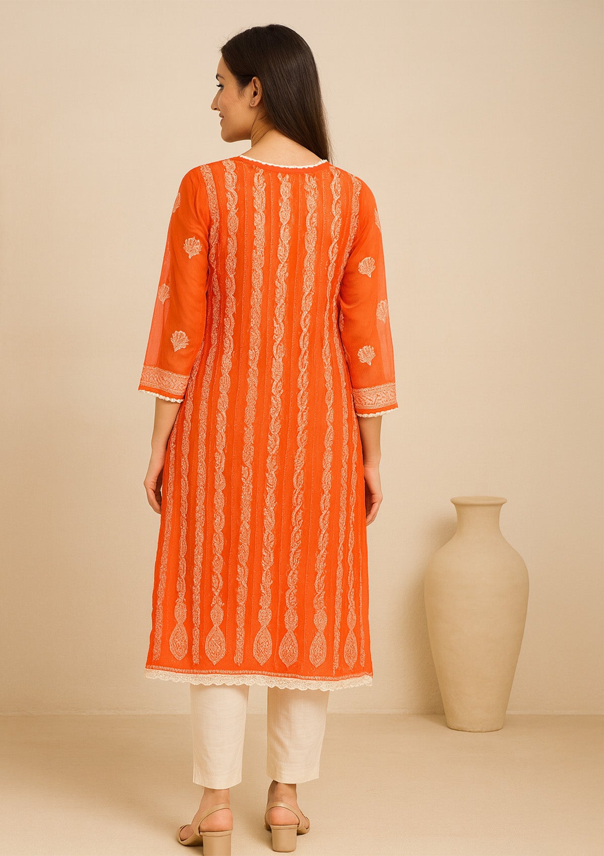 ClothingSutra Bright Orange Georgette Chikankari Kurta – Vertical Paisley Motifs