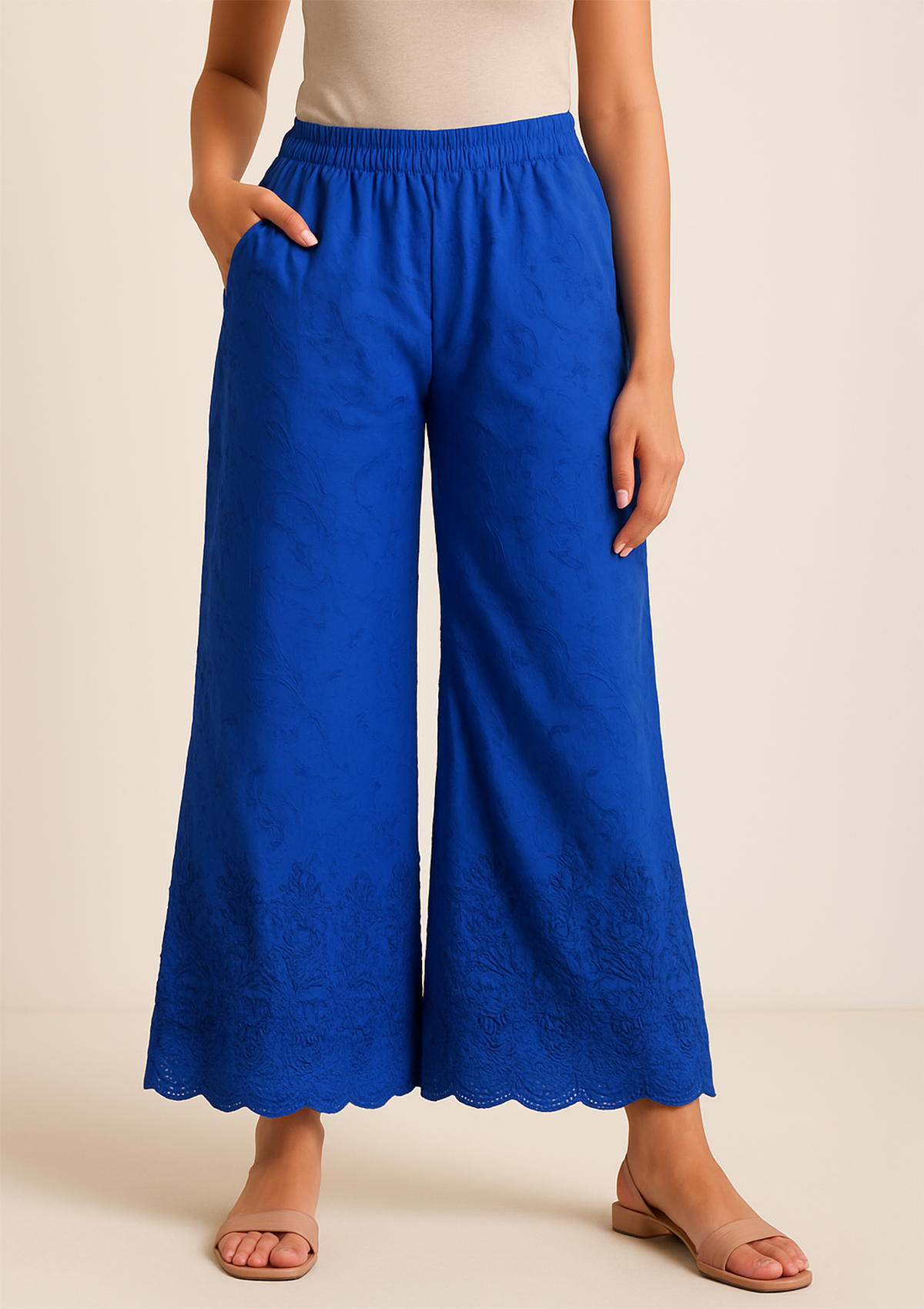 Blue Rayon Palazzo - Chikankari Embroidery Wide Leg Ethnic Pant