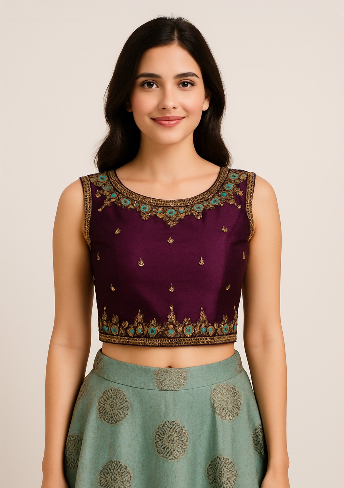 Purple & Sea Green Tafeta Silk Embroidered Crop Top Lehenga Choli