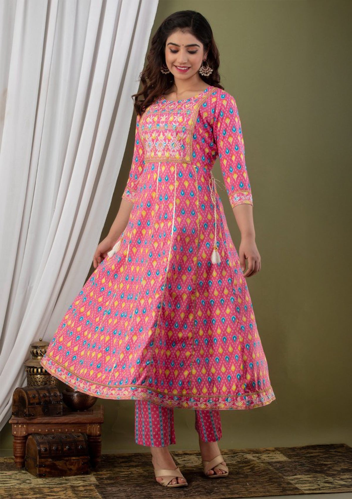 Embroidered Cotton Floor Length Kurta Gown  – Pink Multicolor