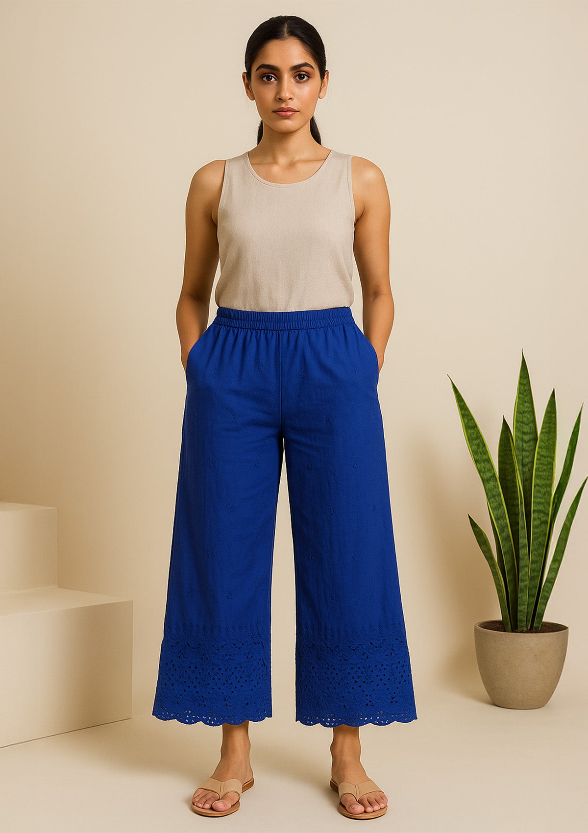 Women’s Royal Blue Cotton Palazzo – Chikankari Embroidery Pant