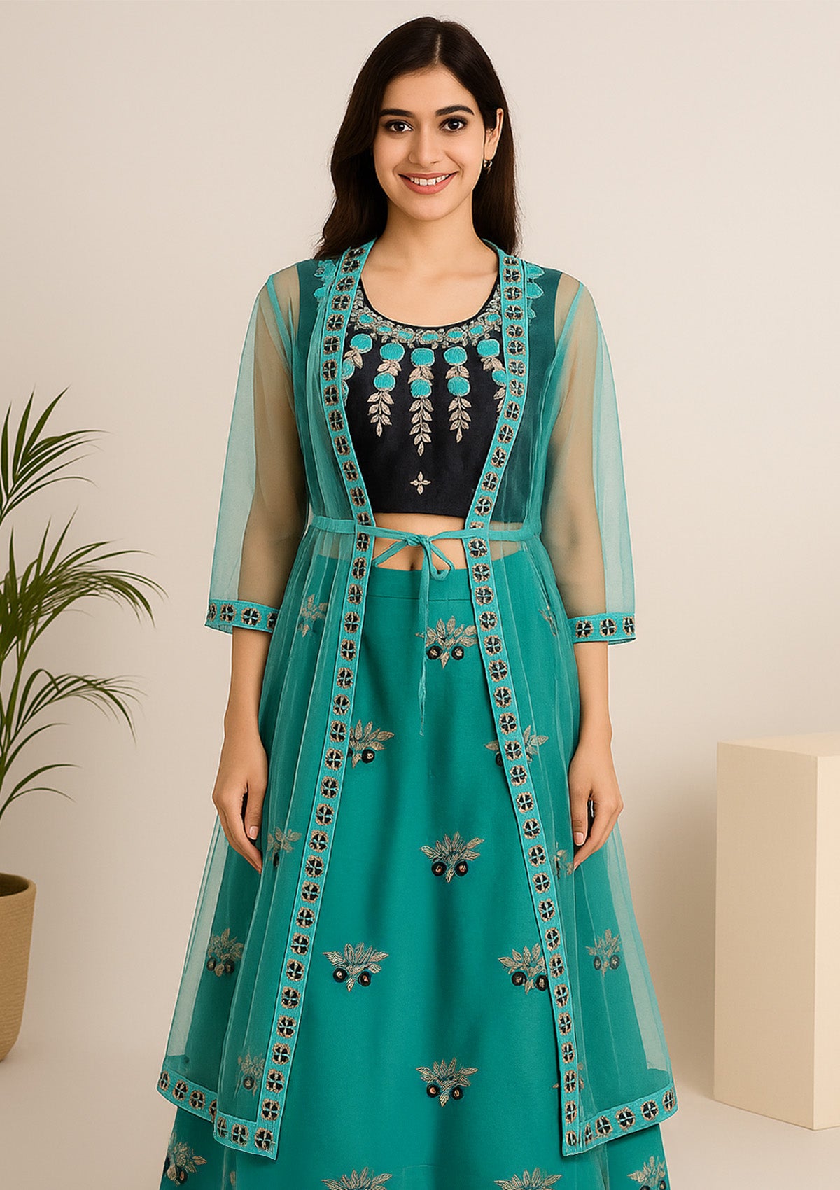 Black & Aqua Embroidered Crop Top with Embroidered Skirt & Shrug