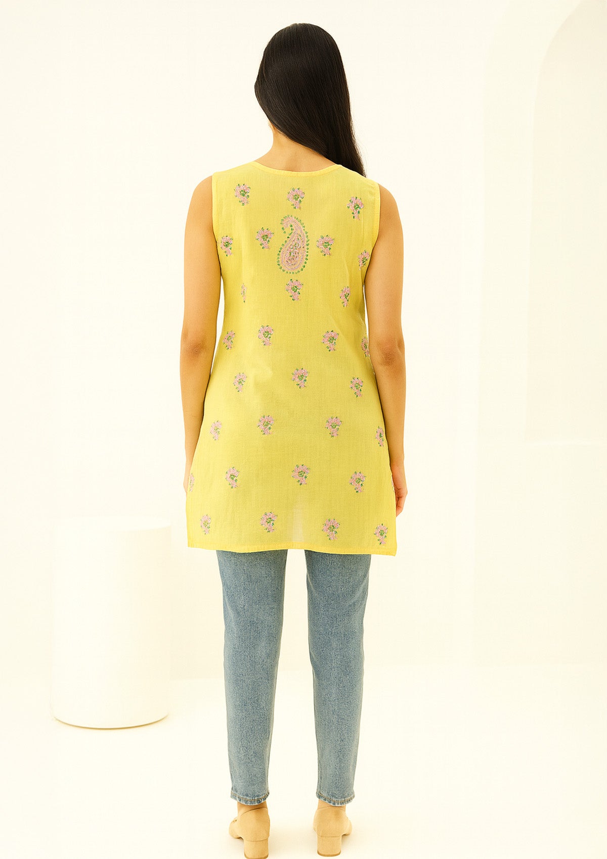 Sleeveless Cotton Embroidered Kurti – Yellow with Multicolor