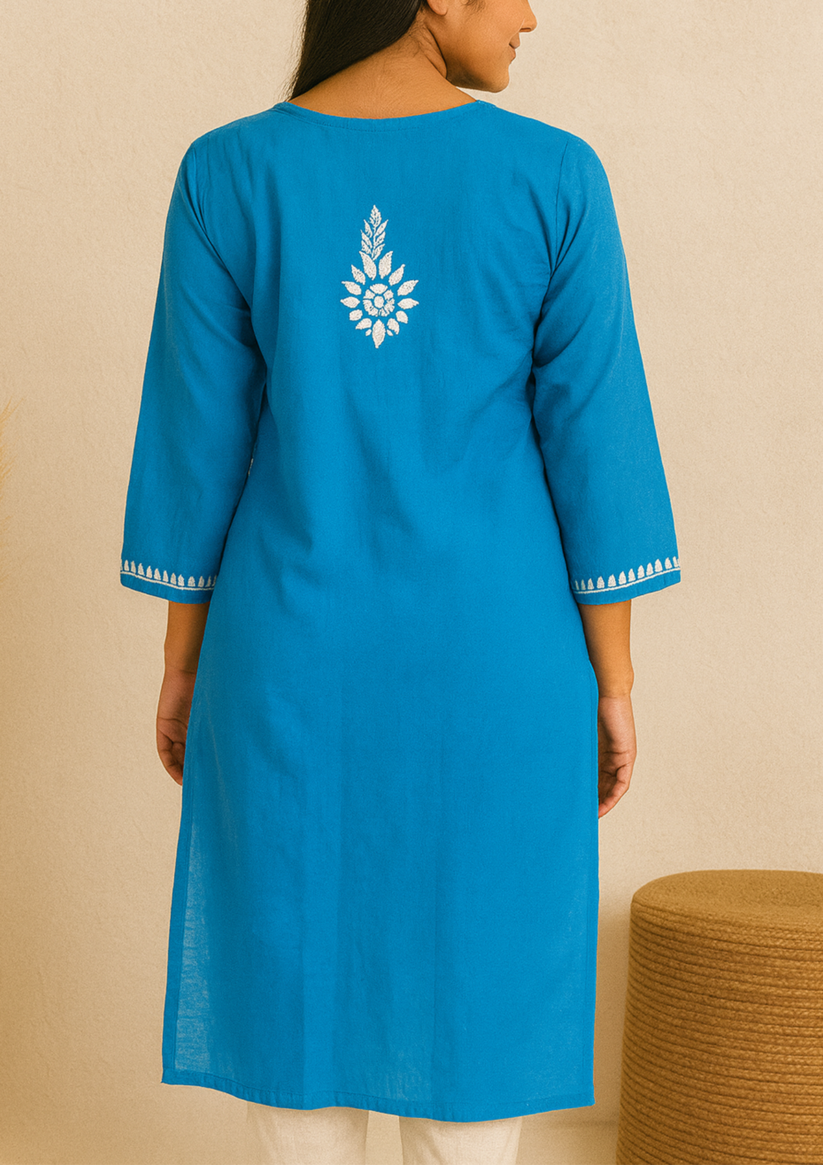Chikankari Solid Women’s Long Kurta – Blue with White Embroidery