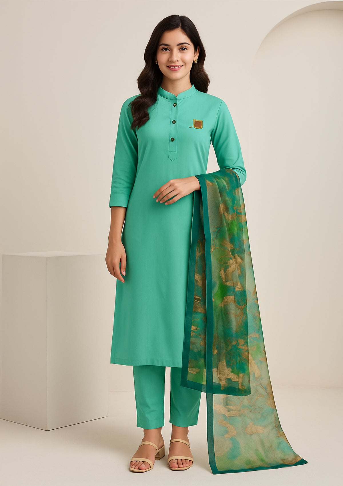 Refreshing Turquoise Jam Cotton Unstitched Suit Set with Minimal Embroidery
