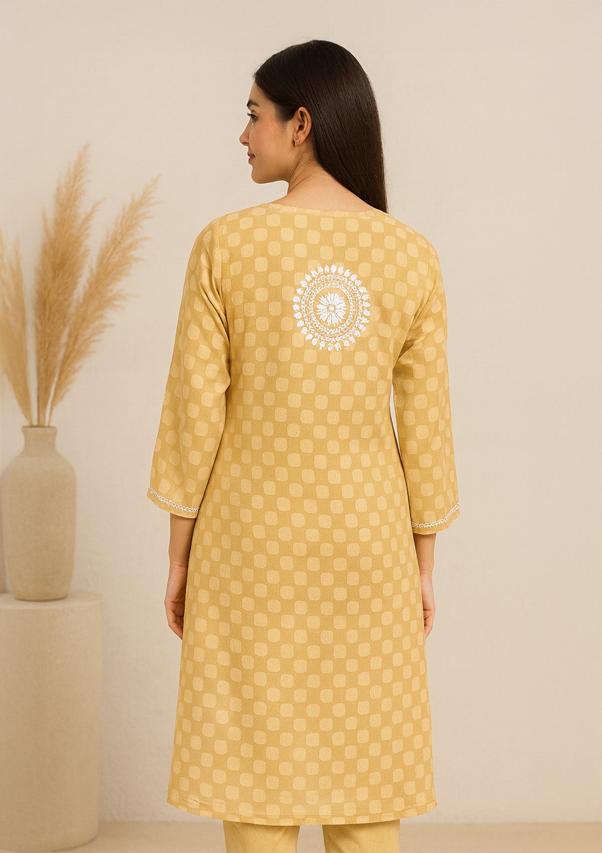 ClothingSutra Golden Georgette Embroidered Kurta – White Thread Detailing