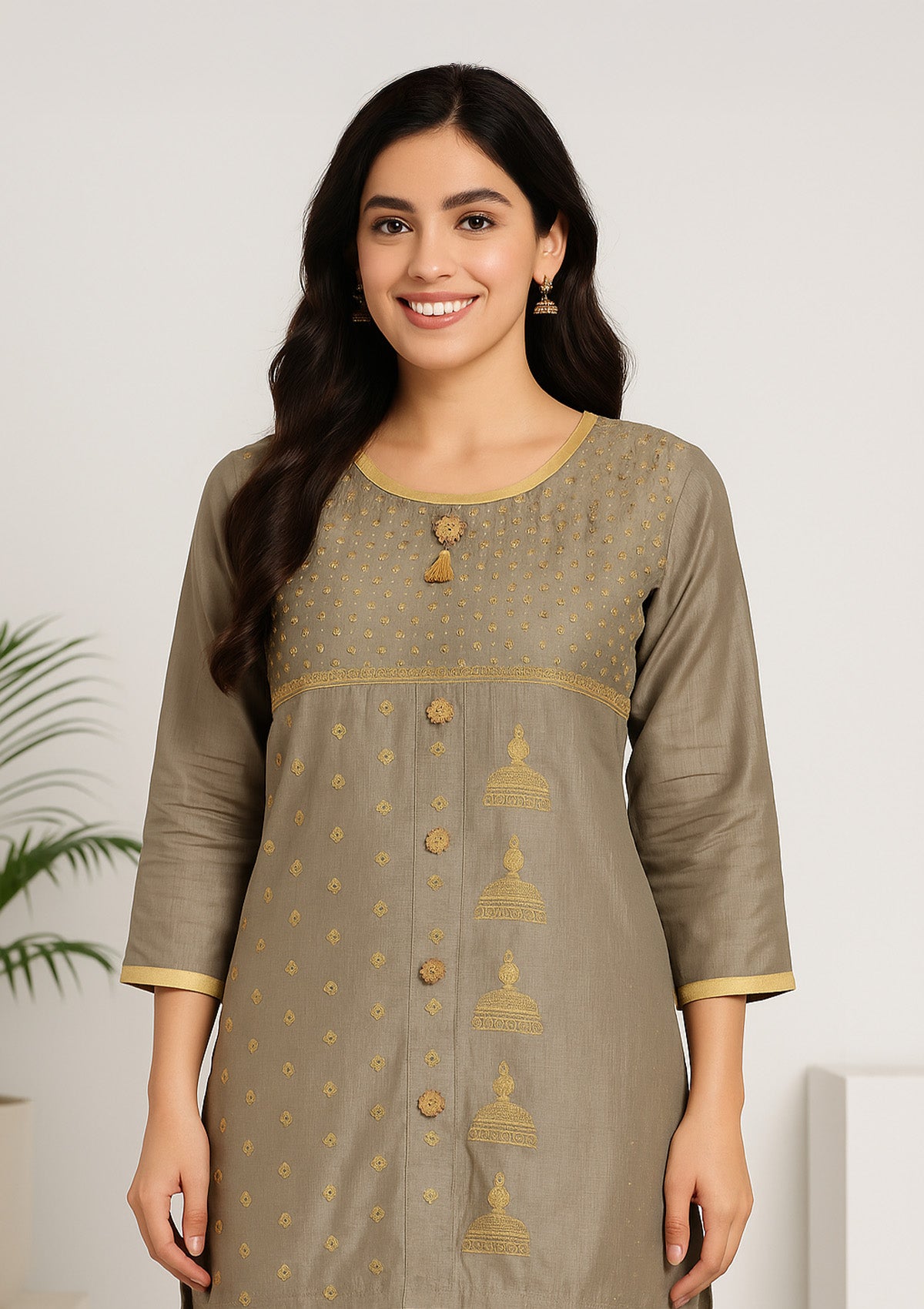 Elegant Olive Gold Silk Cotton Kurti with Heavy Golden Bead Embroidery