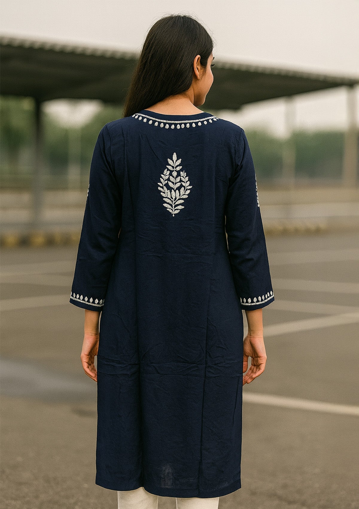 Lucknowi Chikankari Solid Women’s Long Kurta – Navy Blue
