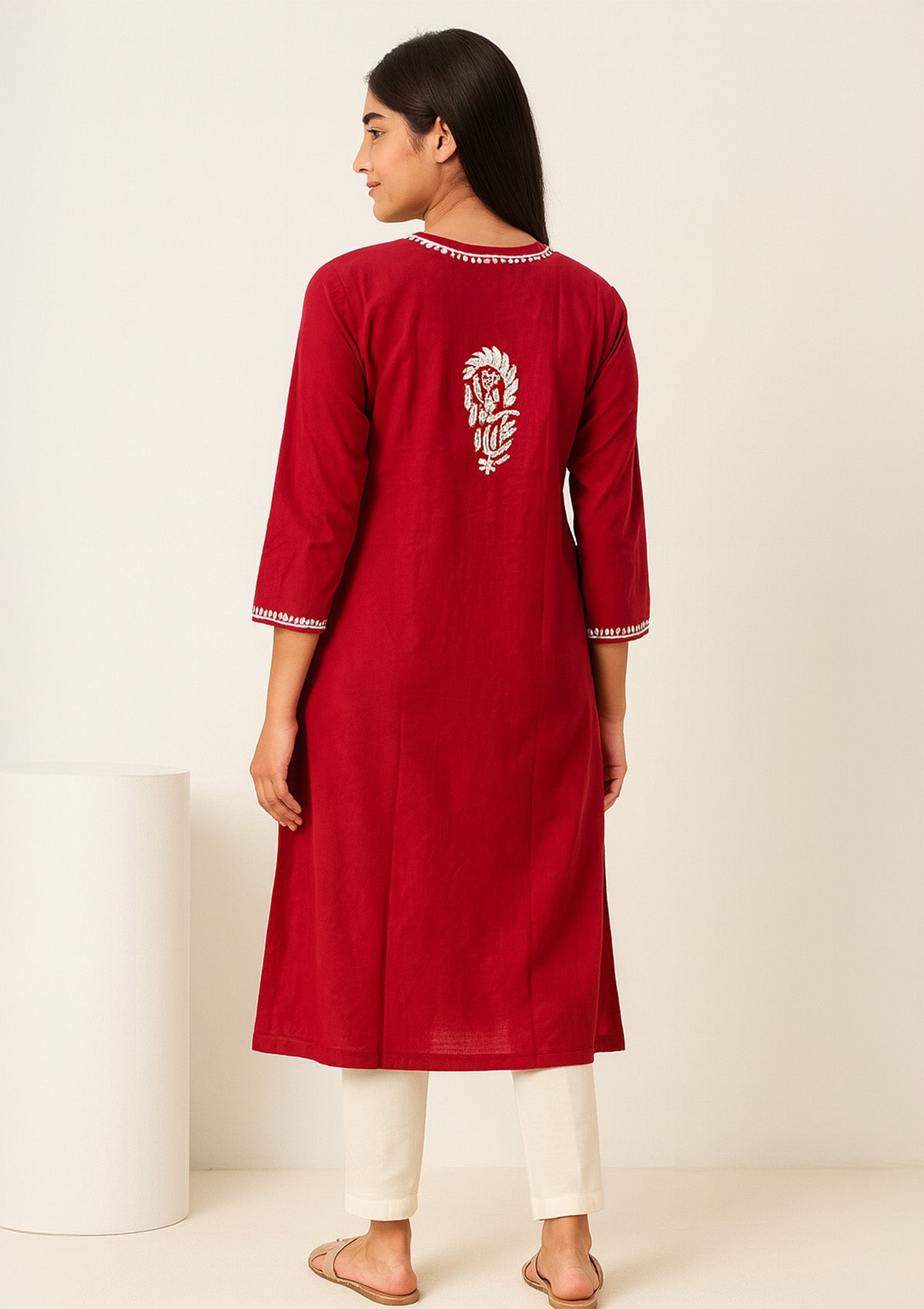 Chikankari Solid Women’s Long Kurta - Cherry Red