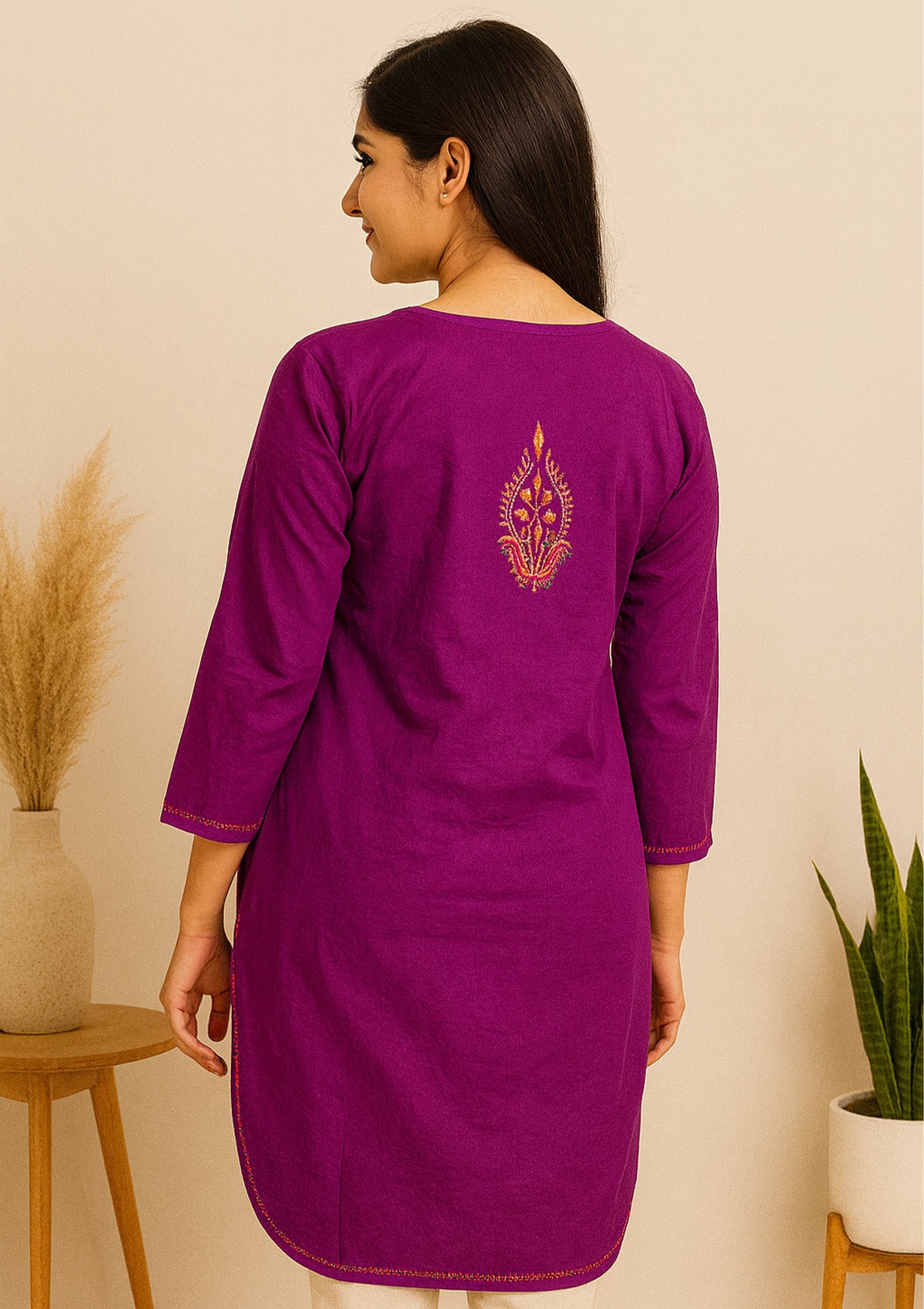 Royal Purple Cotton Embroidered Kurta – Multicolor Floral Motifs