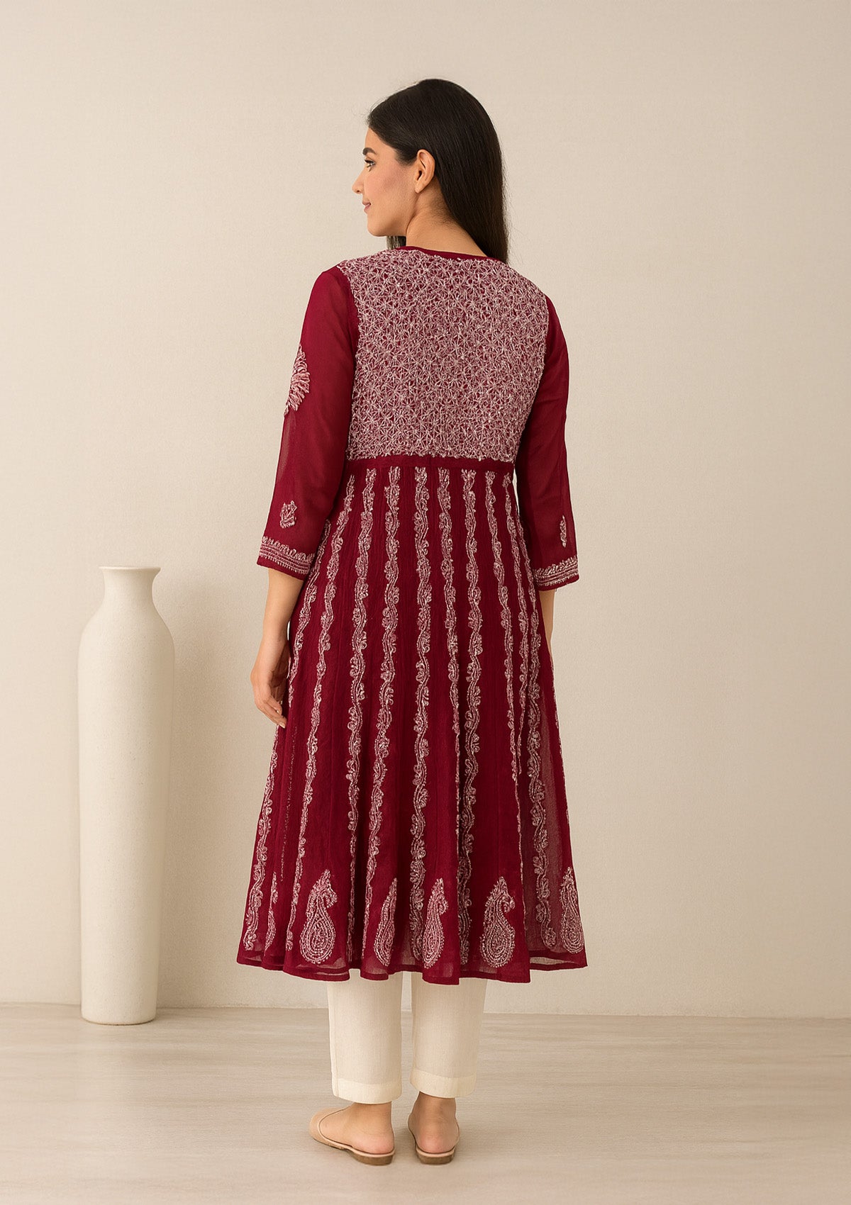 Mehroon Georgette Chikankari Kurti with Net Detailing – Elegant Finish
