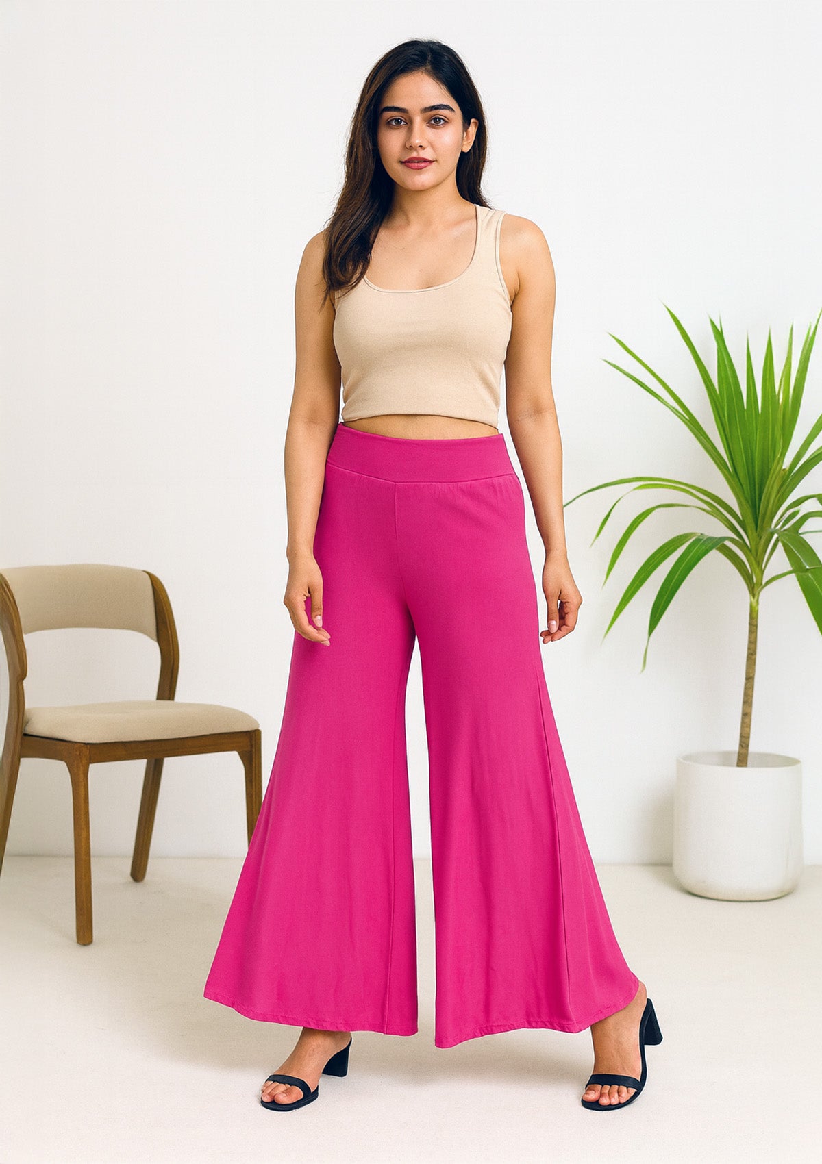 Women’s Pink Palazzo – Wide Leg Flared Pants for Casual Wear