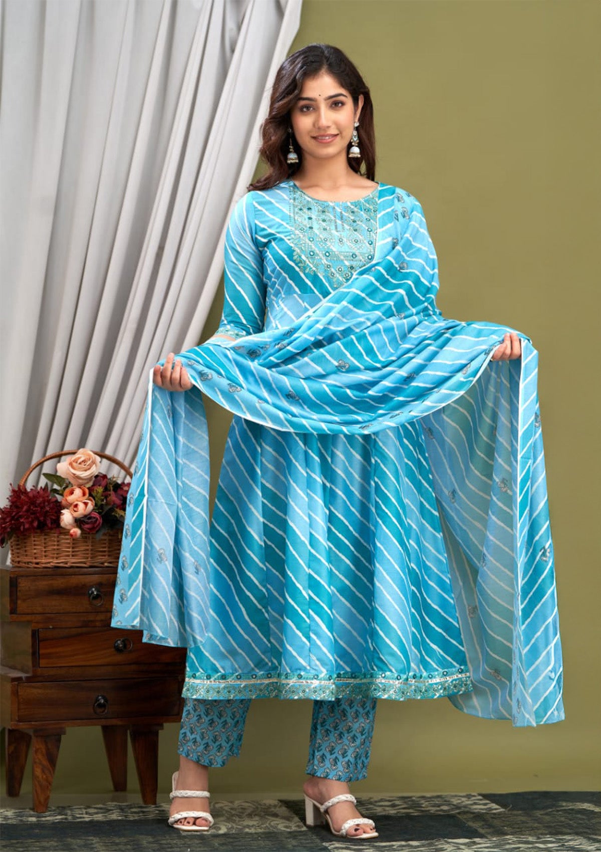 Blue Striped Masleen Fabric Stitched Suit Set for Women