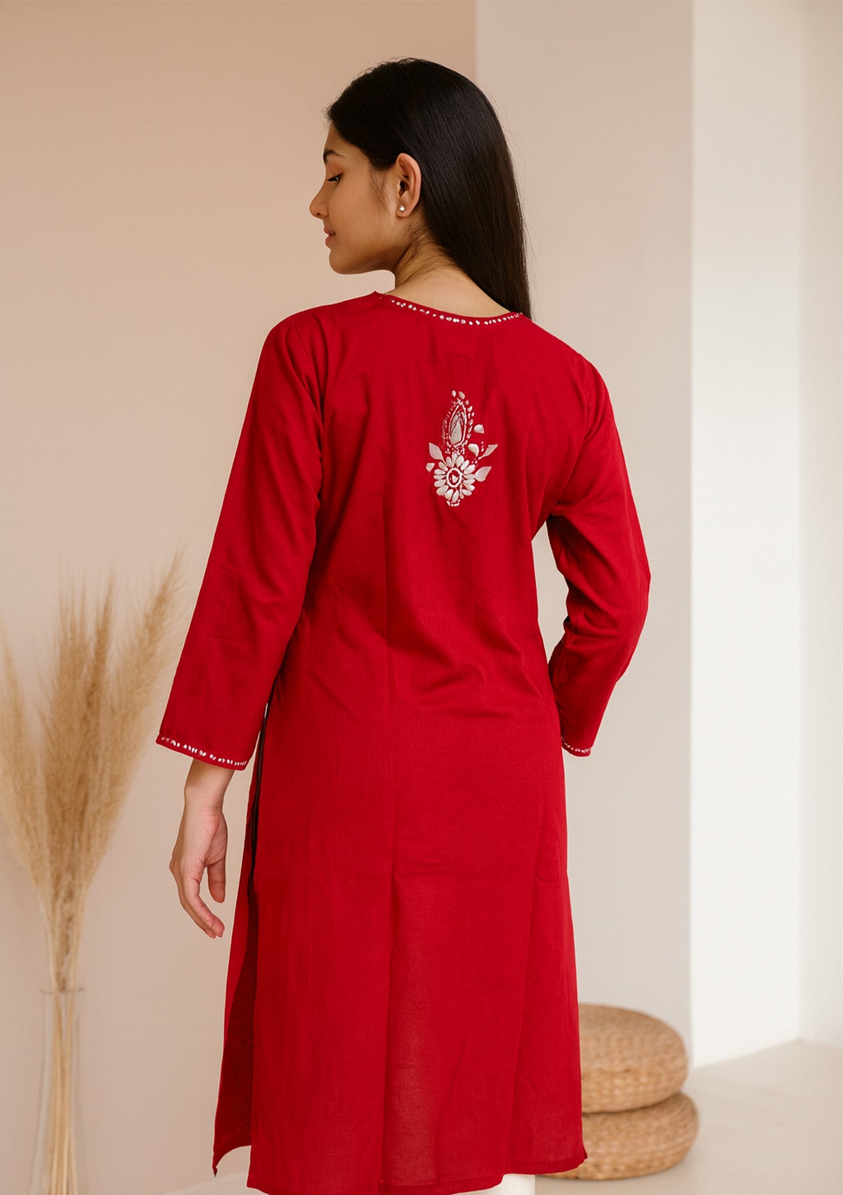 Chikankari Solid Women’s Long Kurta – Red with White Embroidery