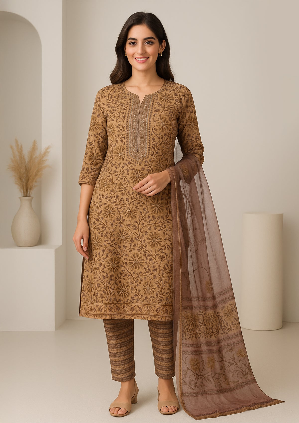 Beige & Brown Muslin Unstitched Suit Set with Ethnic Floral Print