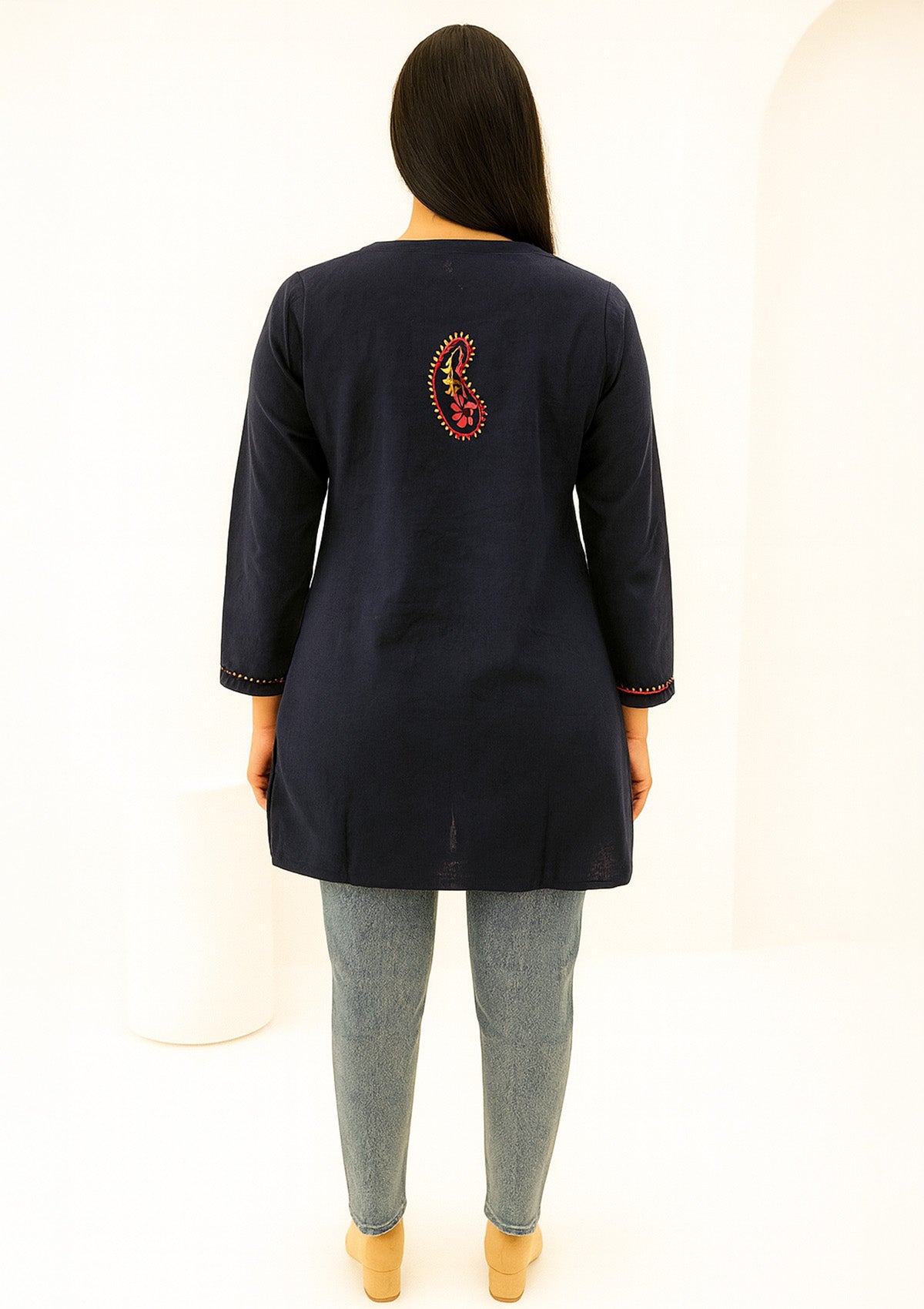 Navy Blue Cotton Short Kurti with Multicolor Embroidery