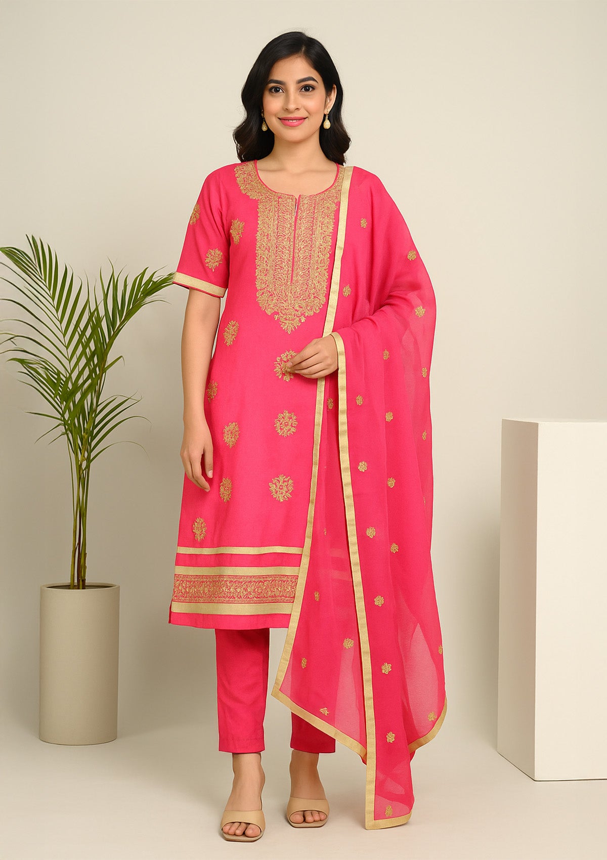 Elegant Pink Silk Embroidered Suit Set with Dupatta – Size L