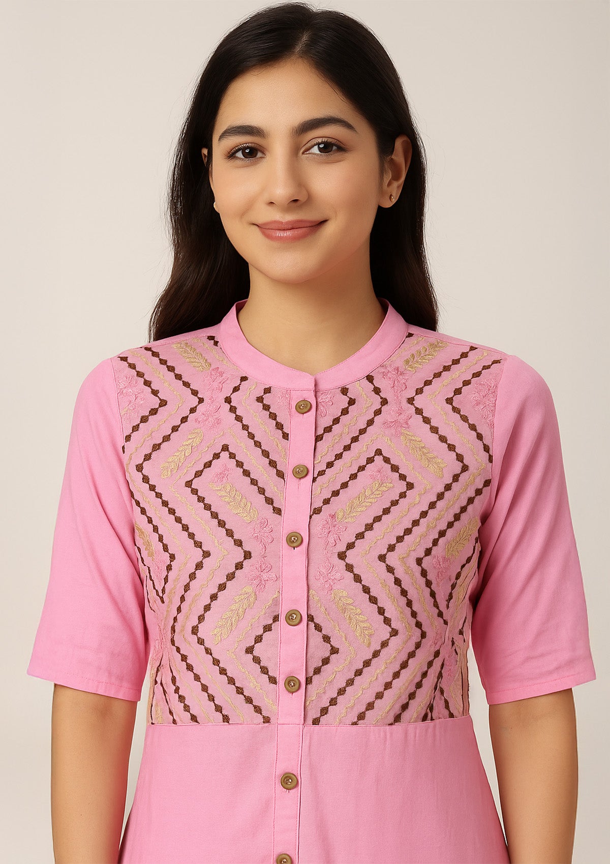 Pink High-Low Kurti with Front Wooden Buttons - Chevron Embroidery