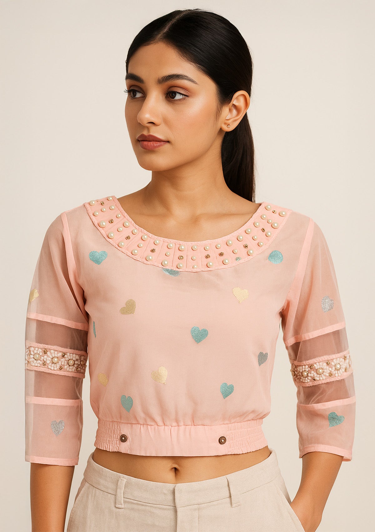 Women’s Peach Georgette Pearl Work Short Top – Heart Embroidery
