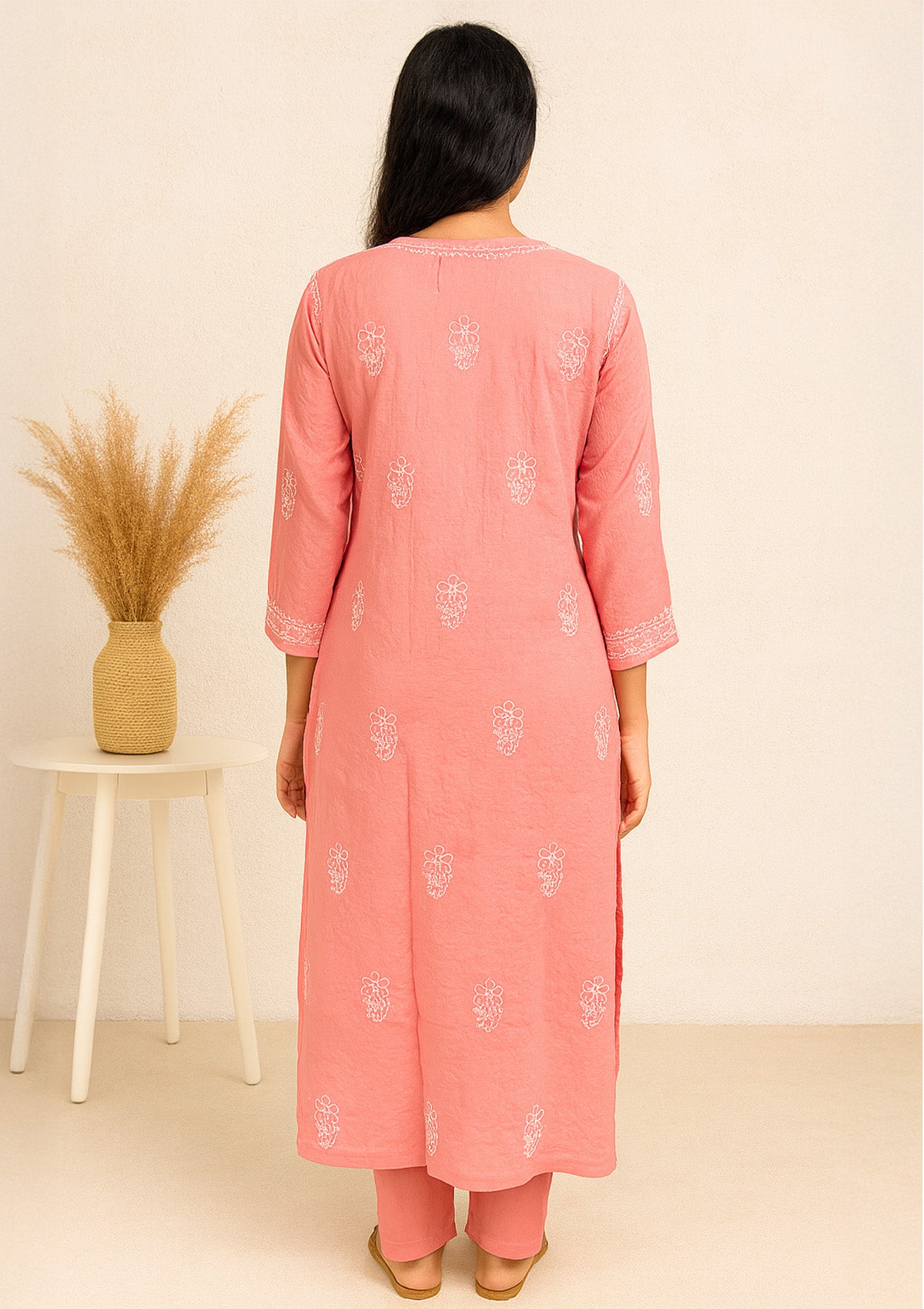 ClothingSutra Chikankari Embroidered Cotton Kurti – Peach Pink