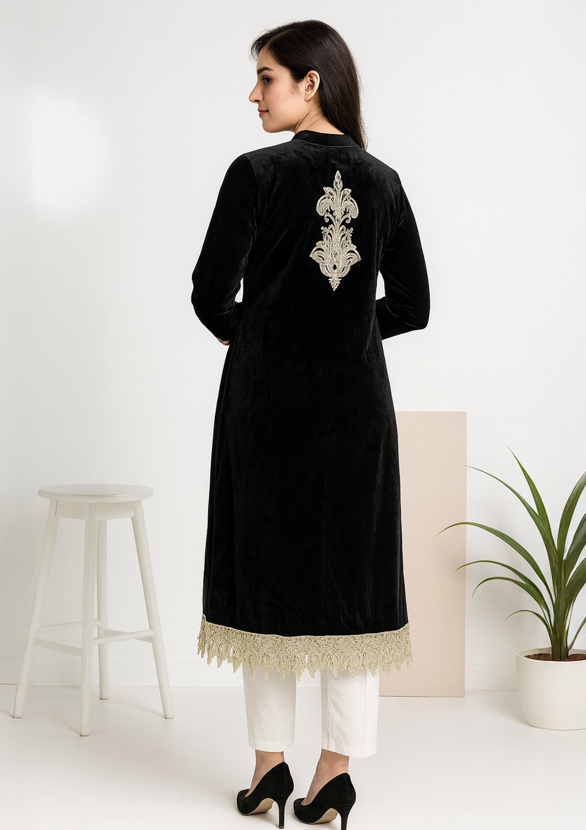 Black Velvet Heavy Embroidered Kurti – Royal Zardozi Work