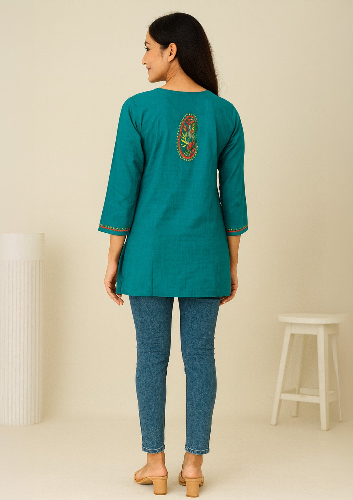 ClothingSutra Elegant Teal Cotton Short Kurti with Multicolor Hand Embroidery