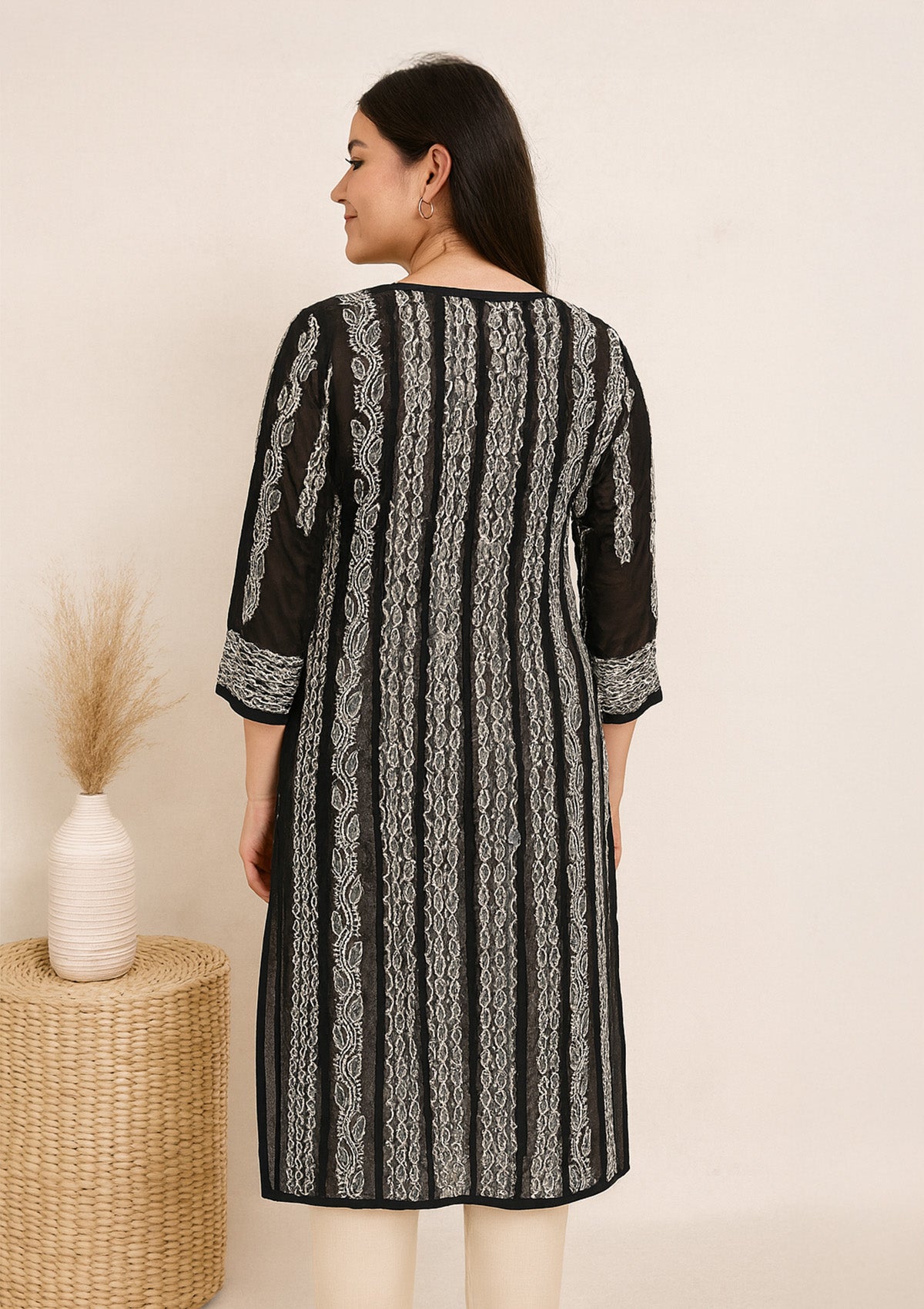 ClothingSutra Black Georgette Chikankari Kurta – Vertical Thread Embroidery