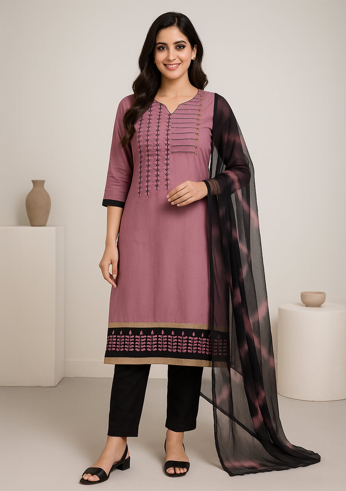 Mauve Embroidered Cotton Unstitched Suit with Tie-Dye Chiffon Dupatta