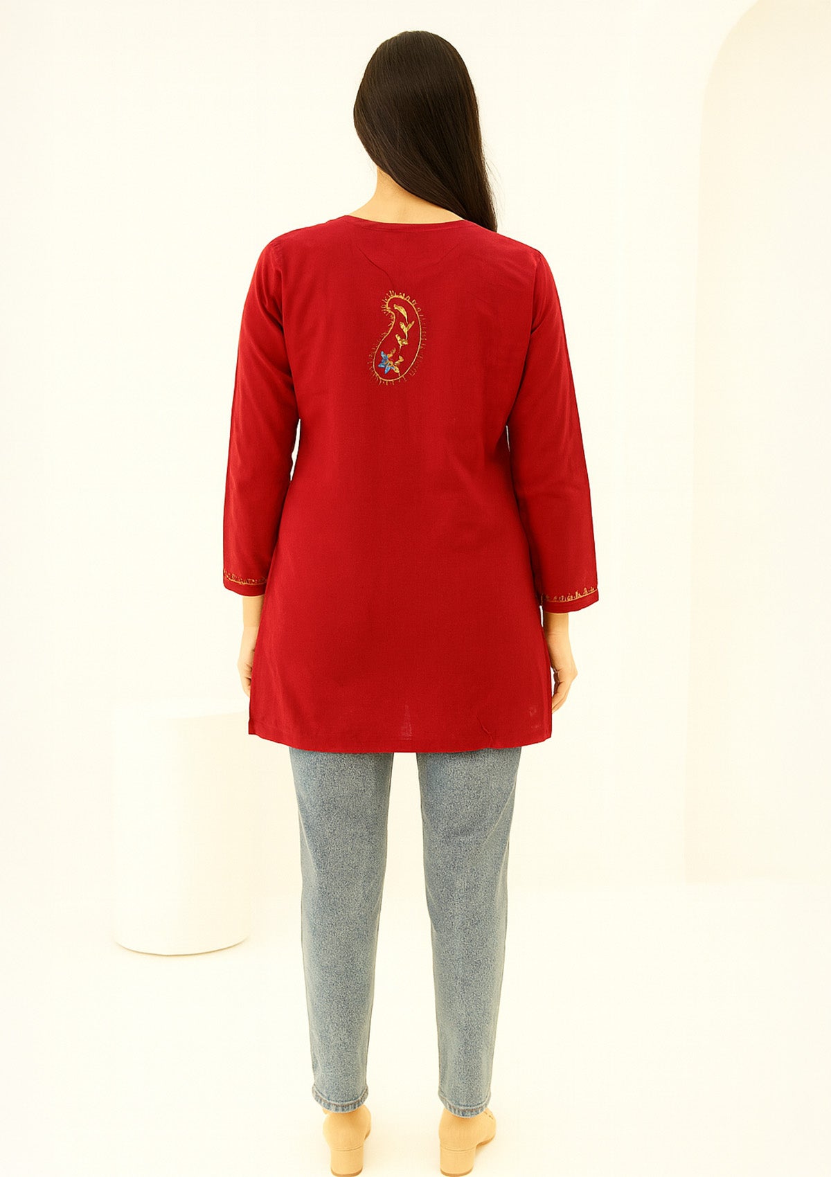 Bright Red Cotton Kurti with Multicolor Embroidery – Short