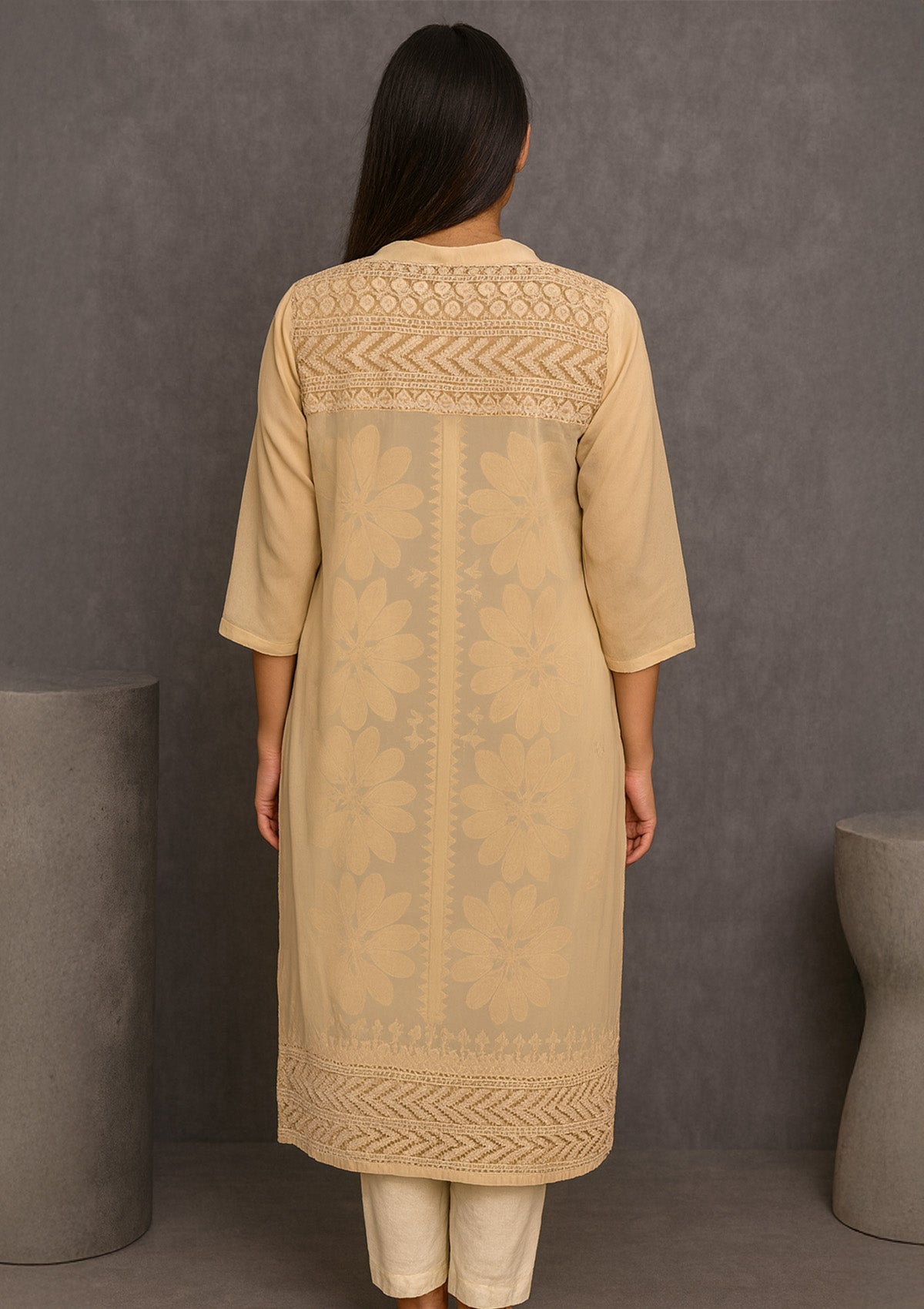 Beige Silk Kurti with Golden Floral Embroidery and Sequin Detailing