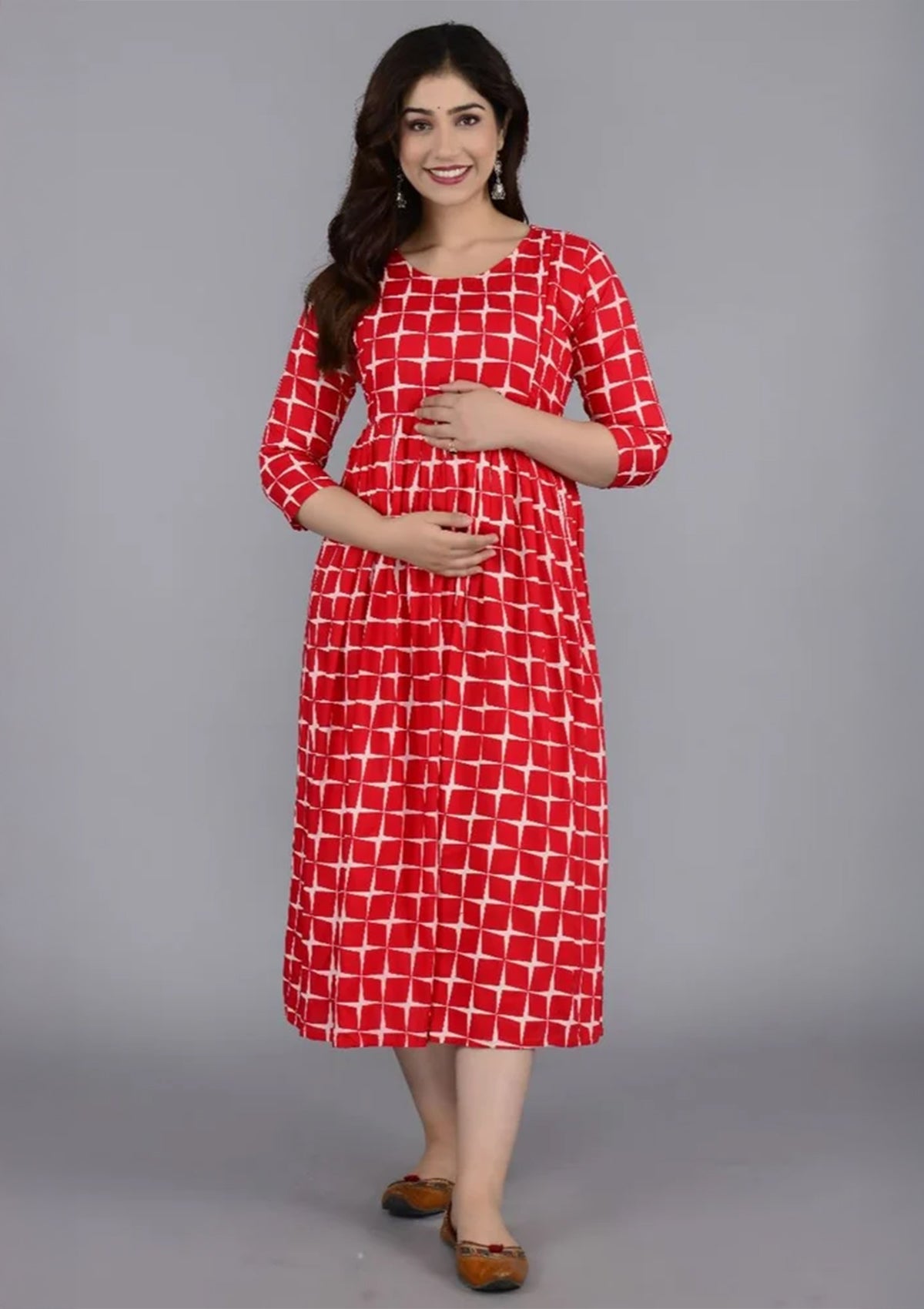 Red & White Rayon Anarkali Feeding/Maternity Kurti with Concealed Zipper