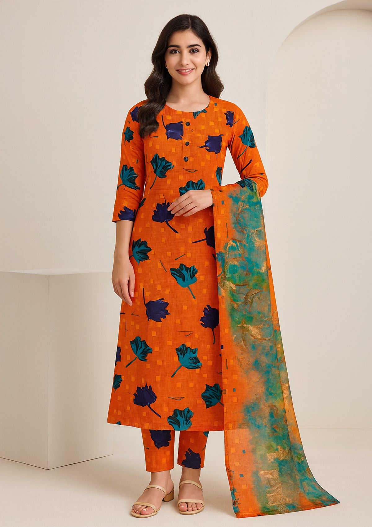 Vibrant Orange Unstitched Suit with Floral Print - No Dupatta