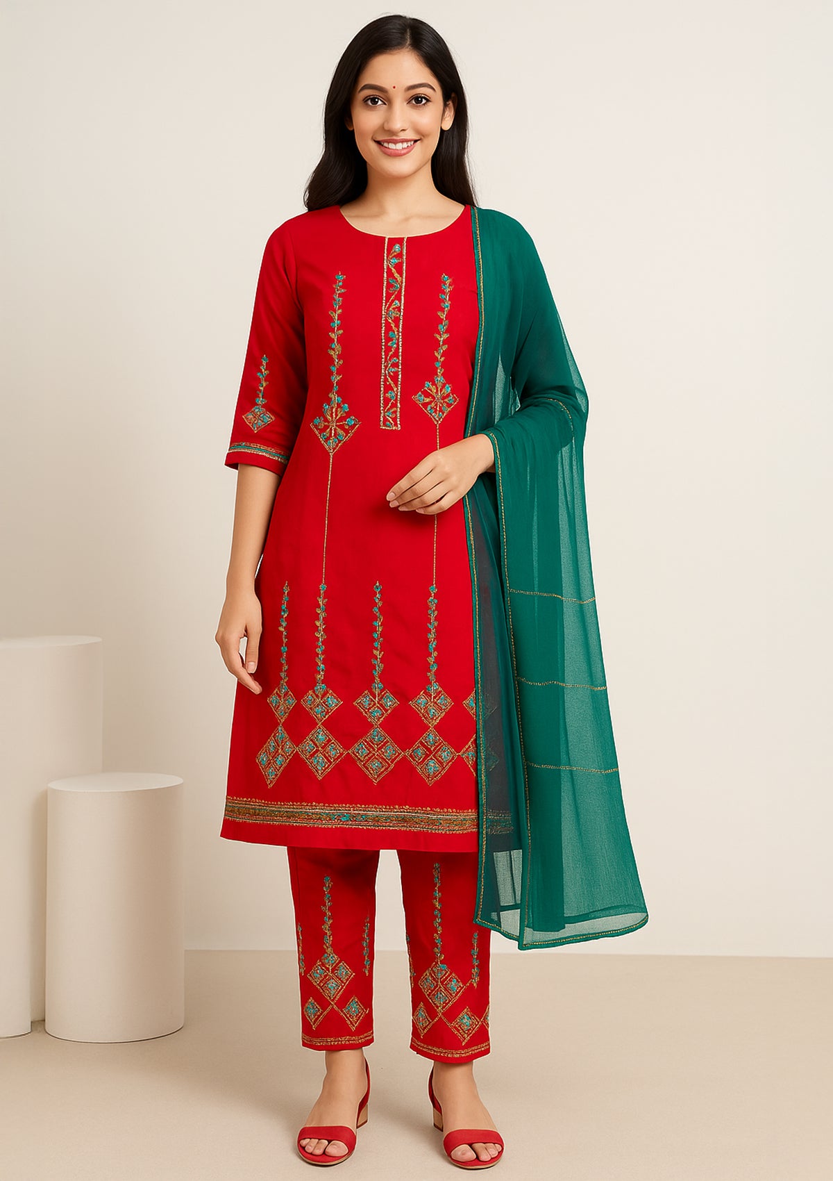 ClothingSutra Red Embroidered Silk Unstitched Suit Set with Green Pure Silk Dupatta Free size