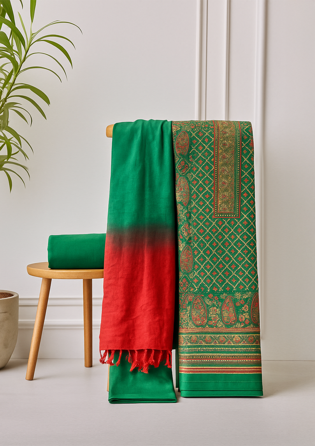 Unstitched Winter Suit Set with Stole – Emerald Green Print