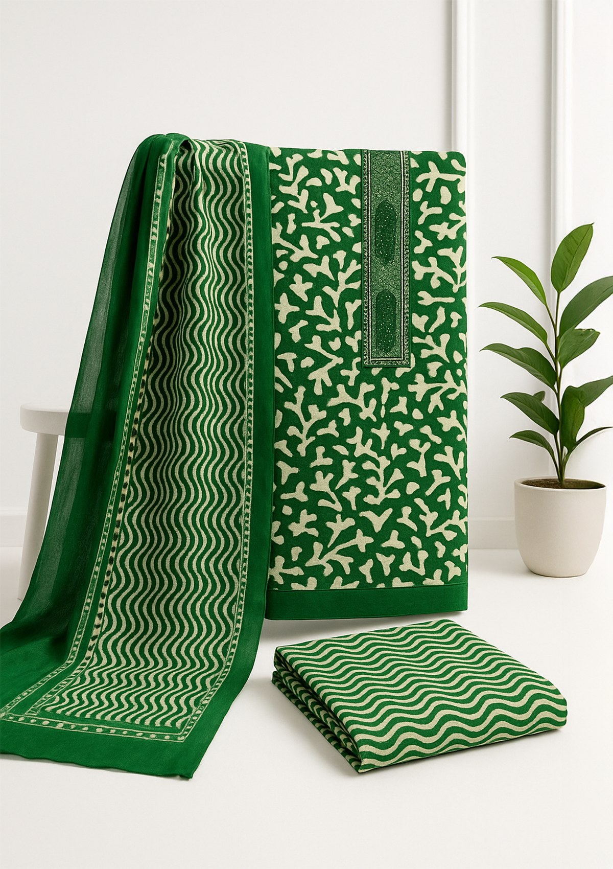 Unstitched Winter Suit Set with Stole – Green Print Soft Warm