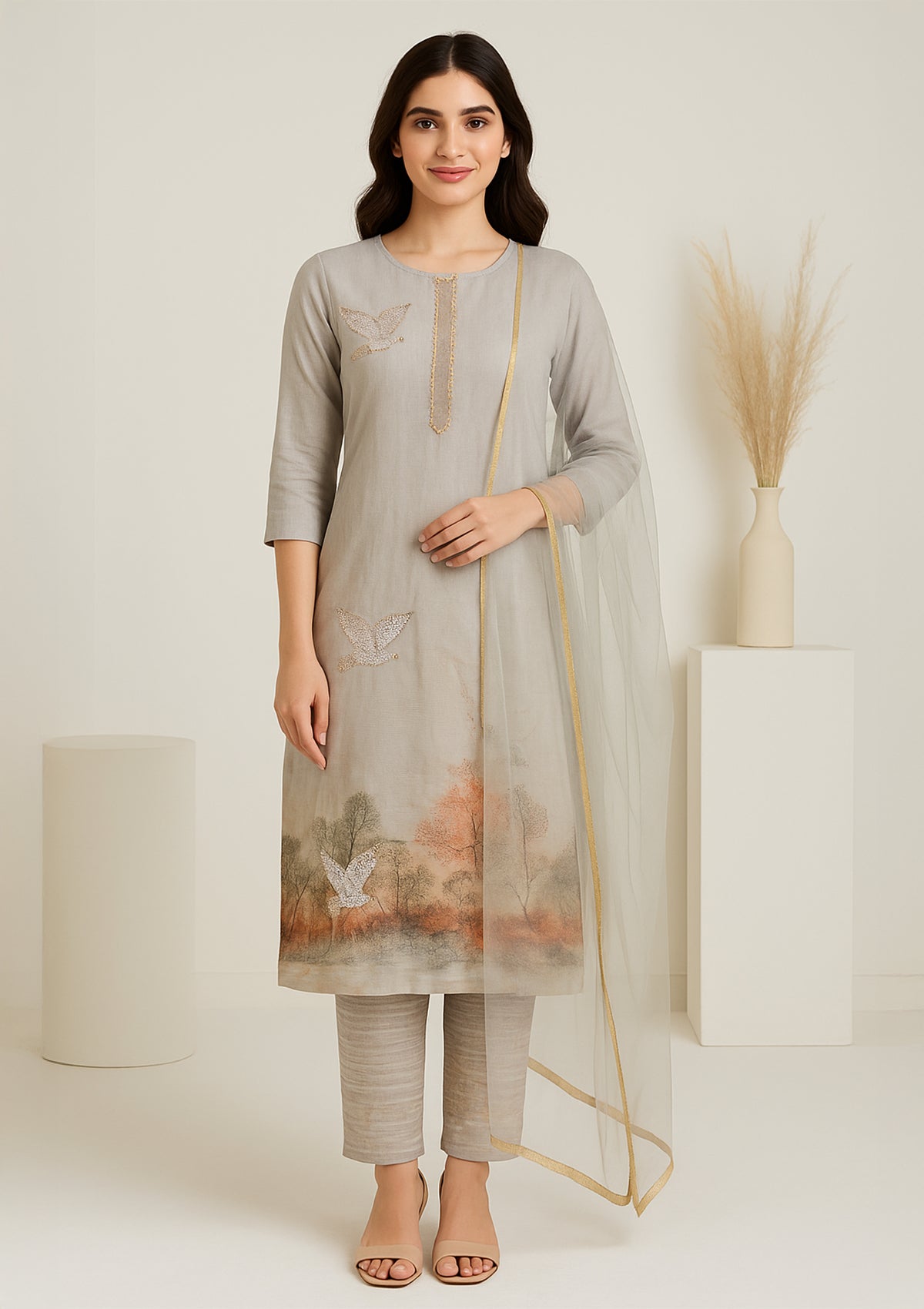 Light Grey Silk Unstitched Suit Set with Sequin Embroidered Bird