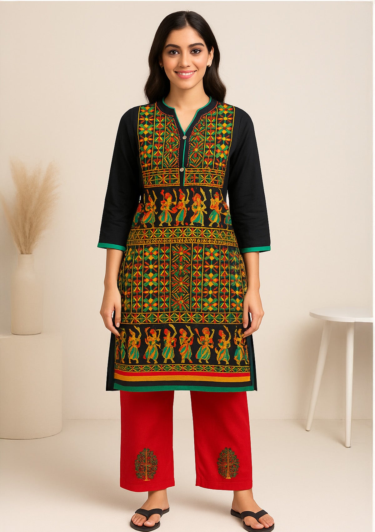 Black Cotton Kurti with Multicolor Traditional Embroidery - Folk Dance Motif