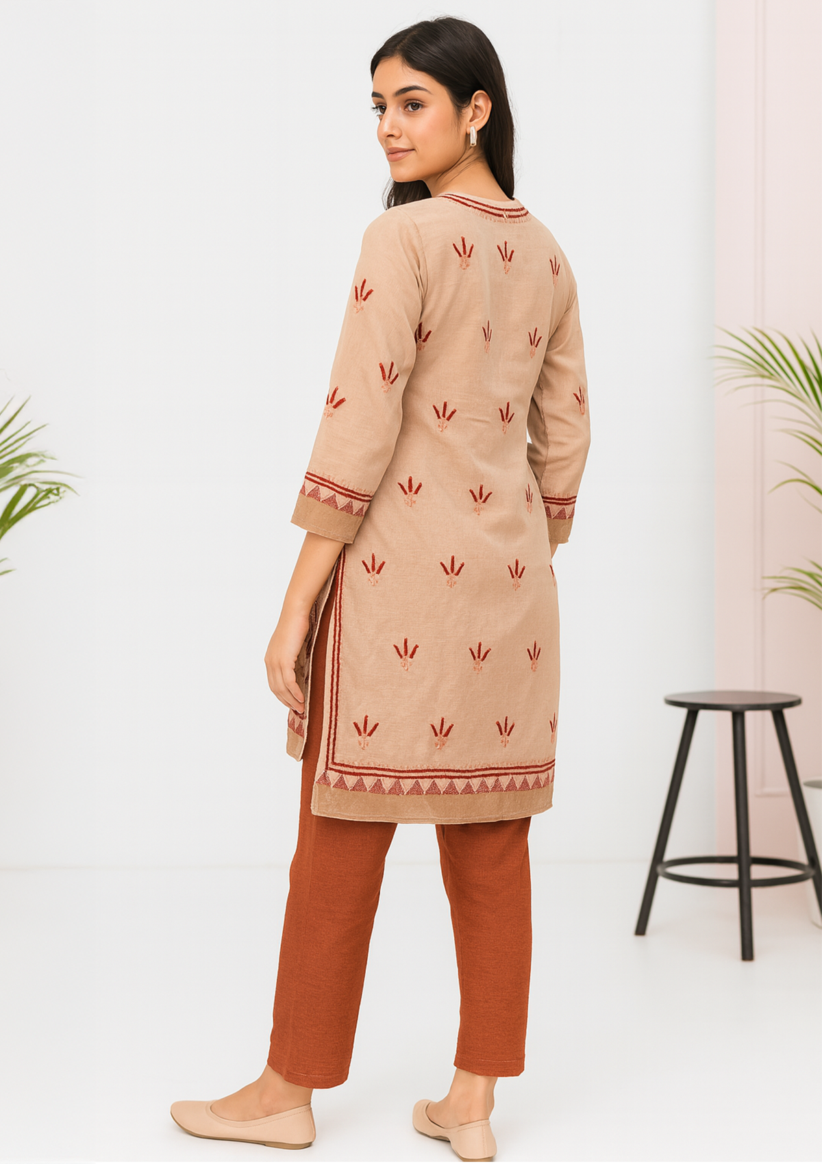 Women Chanderi Silk Kurti – Beige with Rust Floral Embroidery