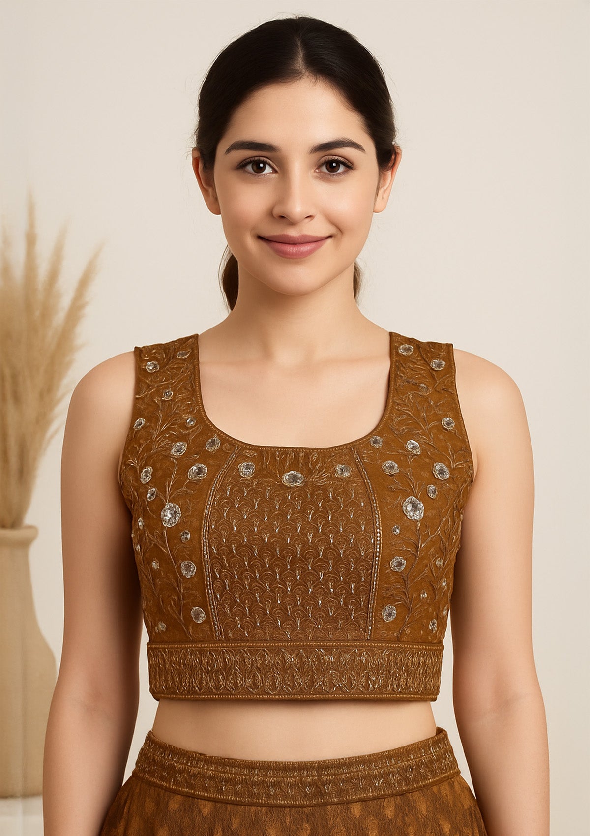 Brown Silk & Net Embroidered Crop Top with Floral Net Lehenga