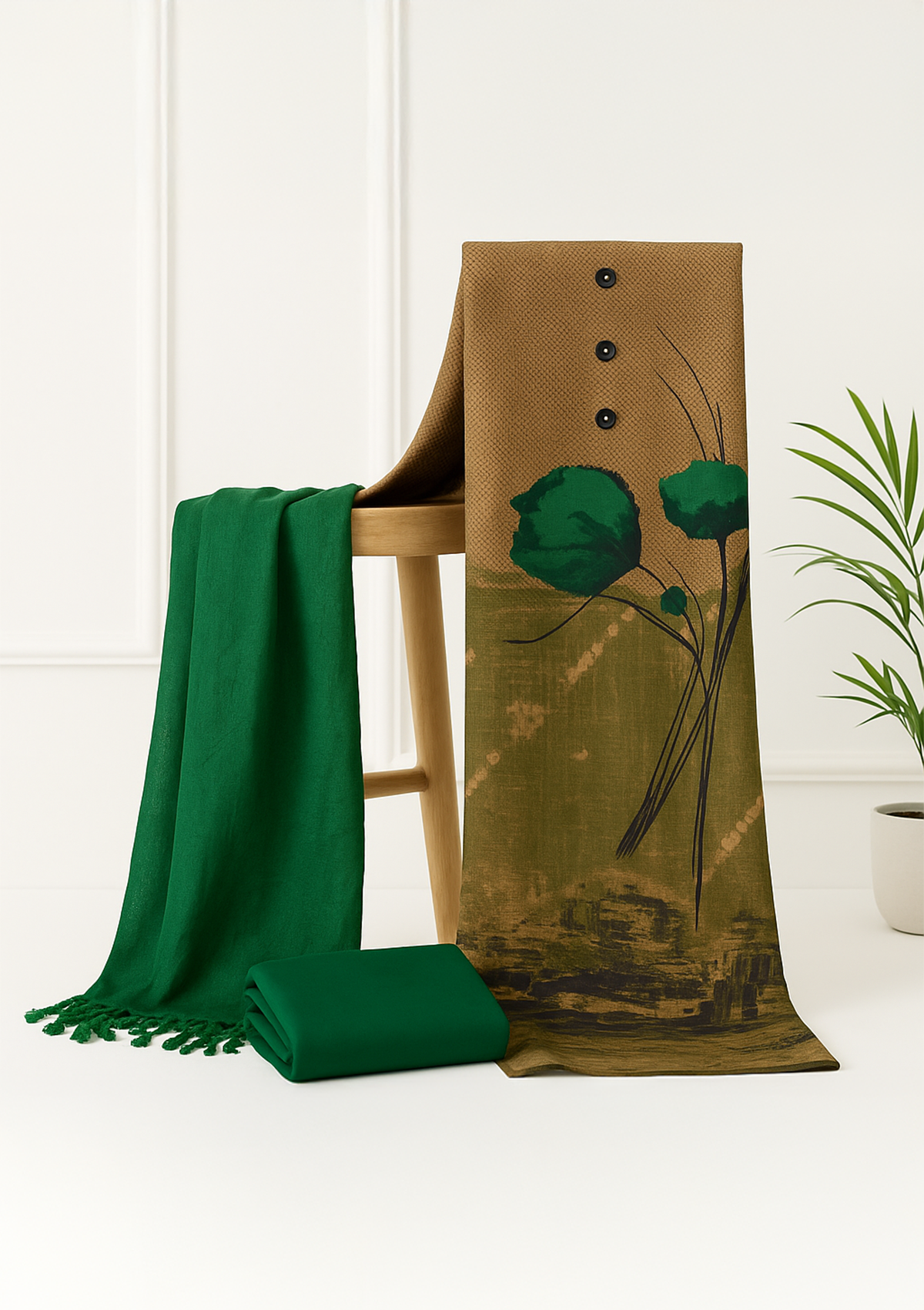 Unstitched Winter Suit Set with Stole – Olive Brown Print