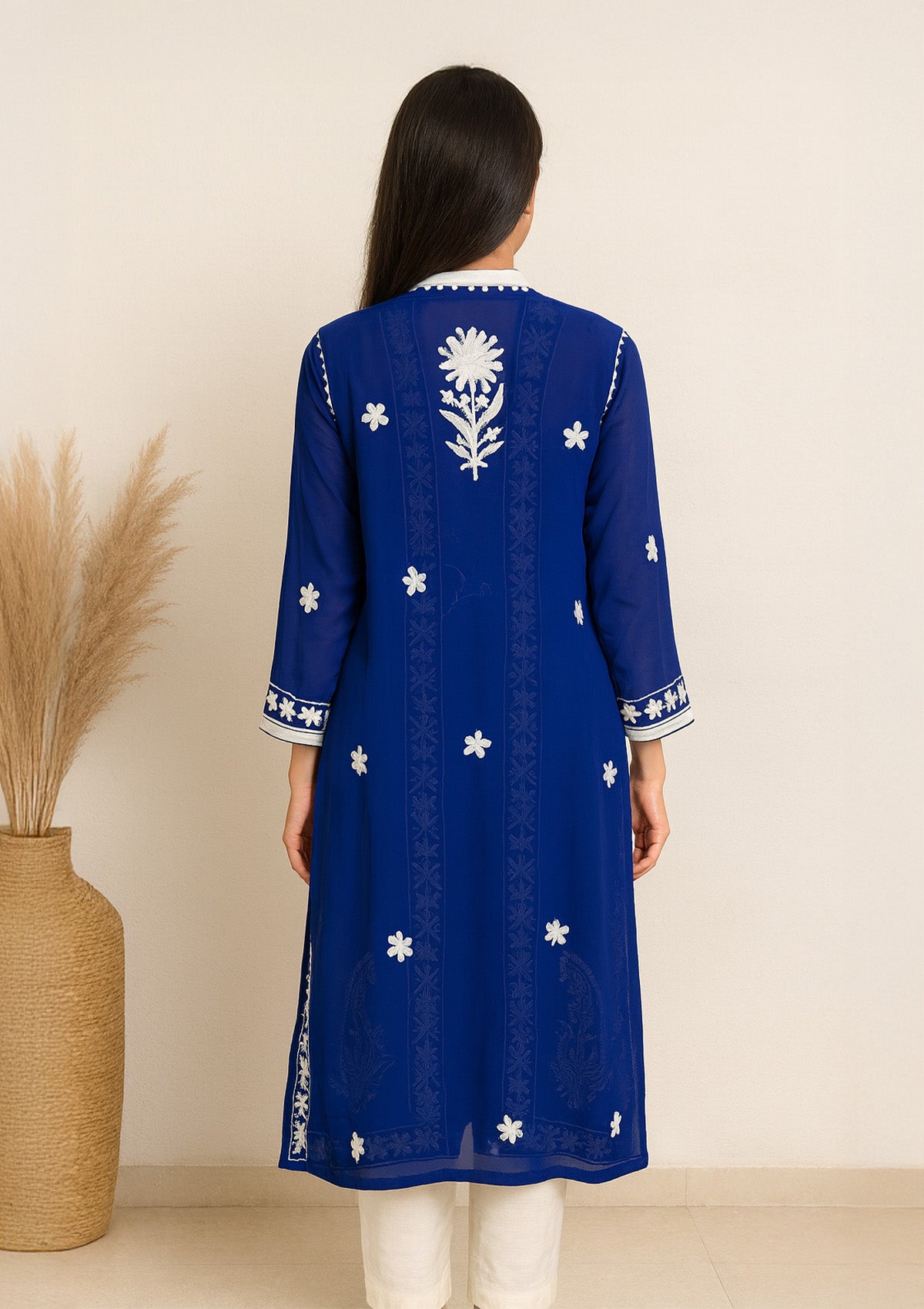Royal Blue Georgette Embroidered Long Kurta – White Floral Detailing