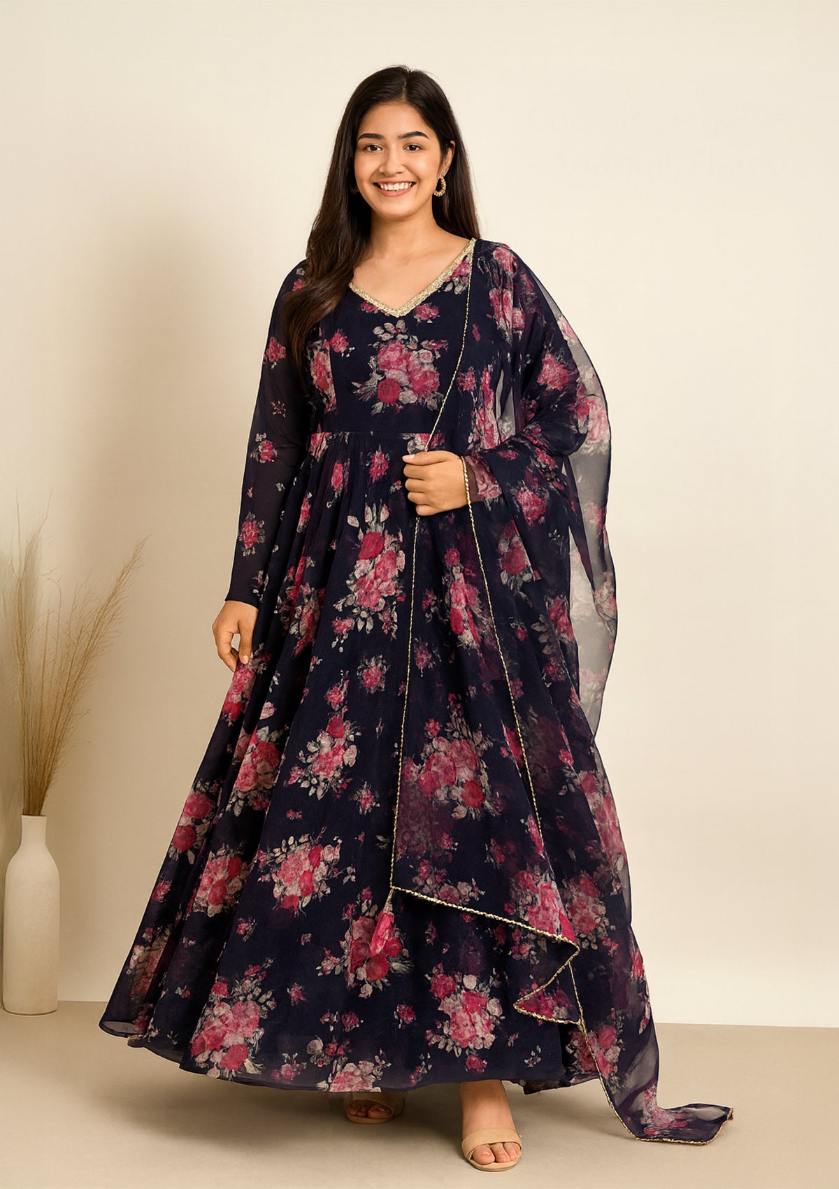 Navy Blue Floral Organza One Piece Gown - Full Flared Anarkali Maxi Dress