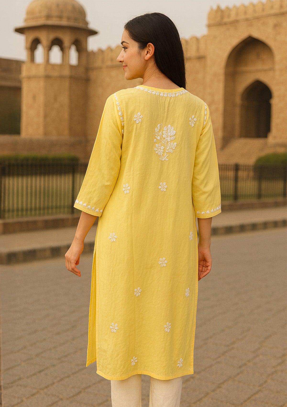 Chikankari Solid Women’s Long Kurta – Lemon Yellow