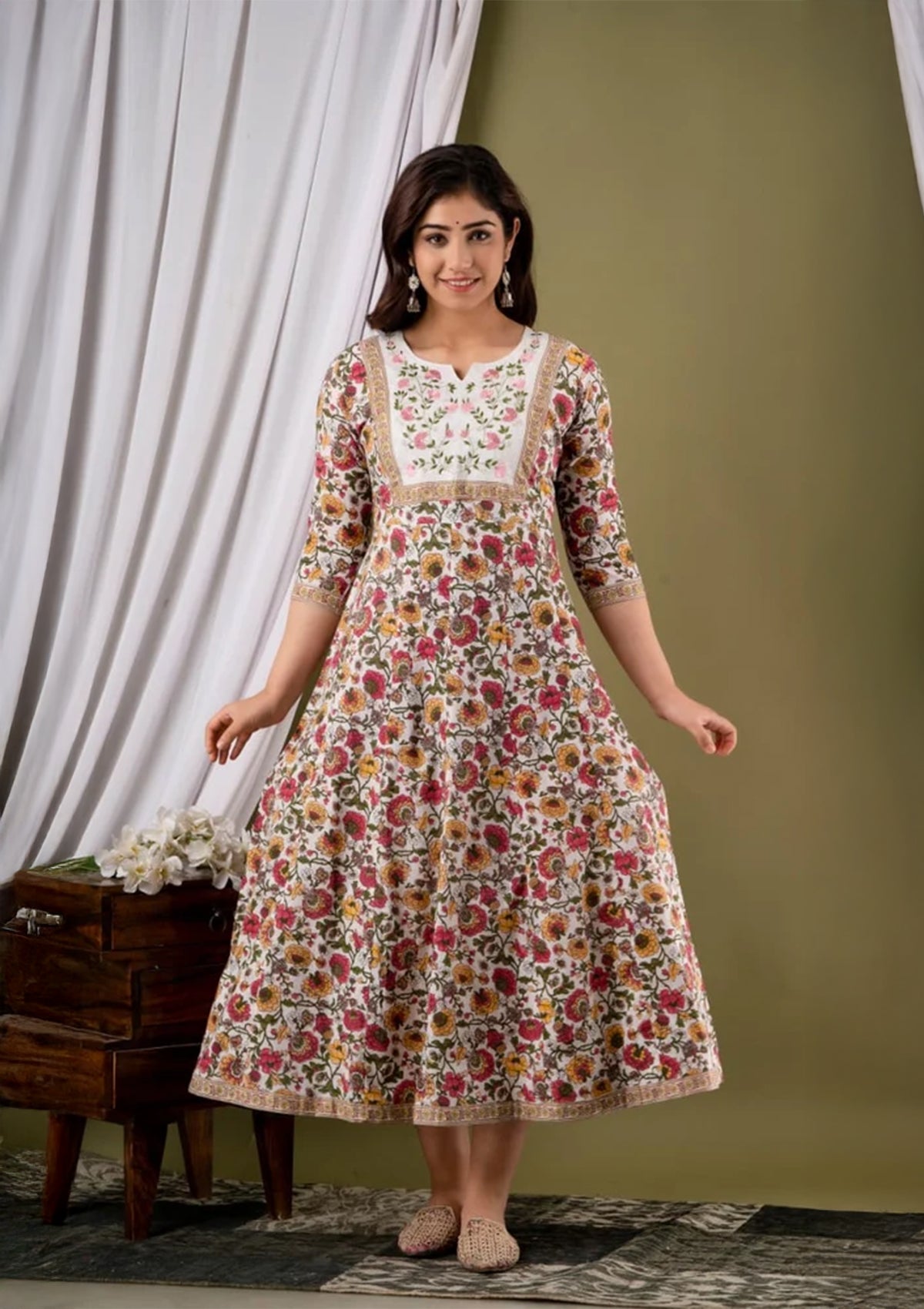 Embroidered Cotton Floor Length Gown for Women – White Floral Print