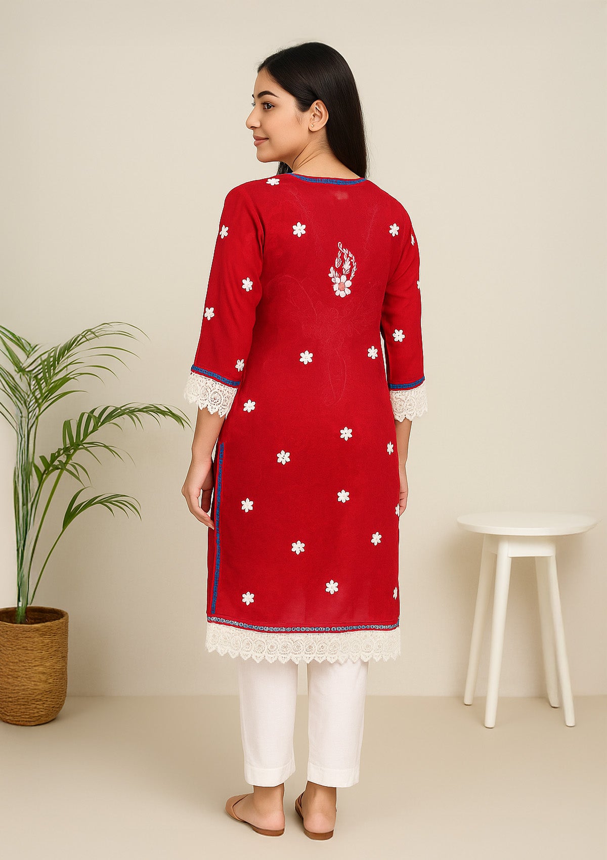 ClothingSutra Red Georgette Embroidered Kurti with Blue Floral & Dupatta